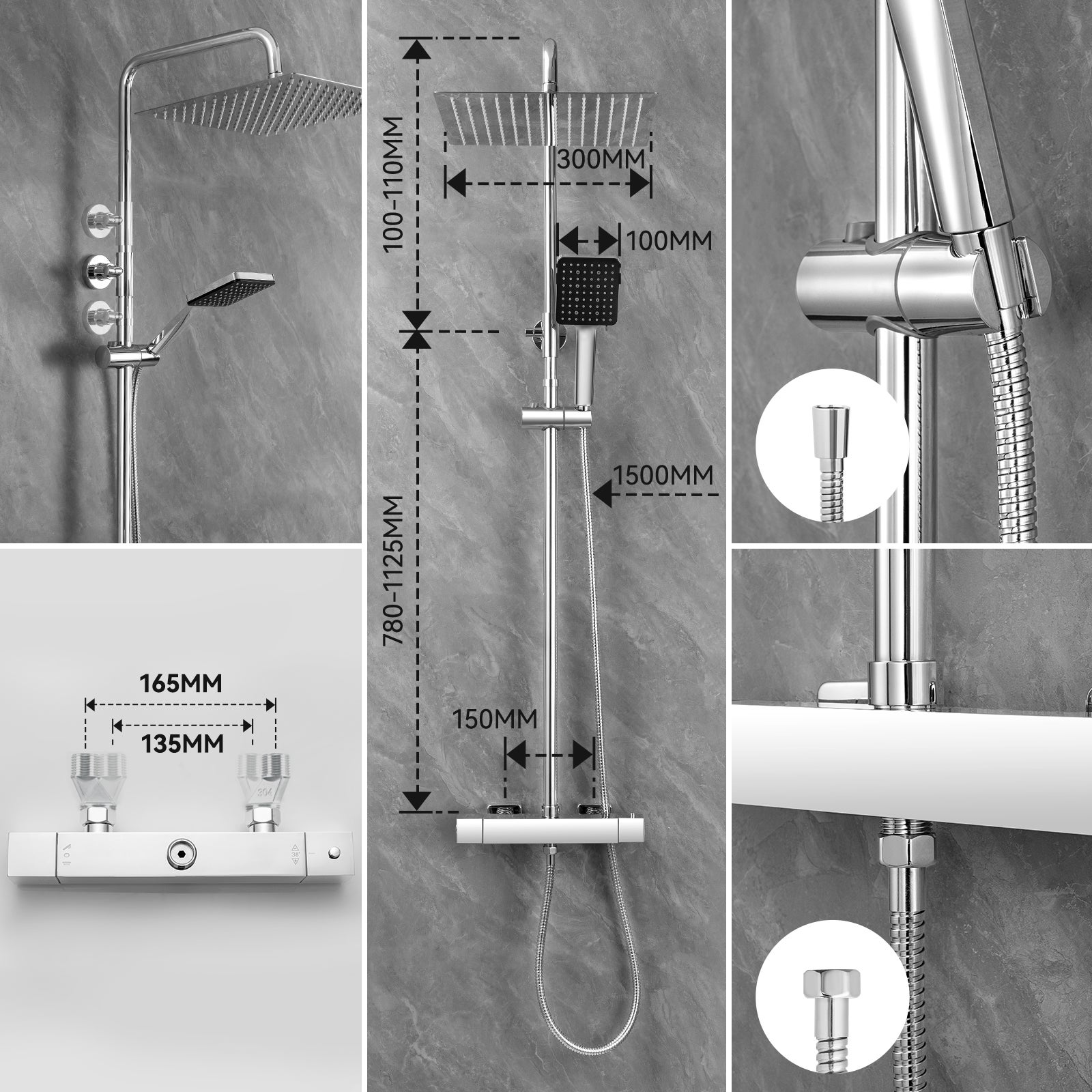 Colonne de Douche Thermostatique,avec tête de douche 30*30CM,Pommeau Douche 6 Jets,Réglable en Hauteur,Douche Set avec Mitigeur,chromé - 6