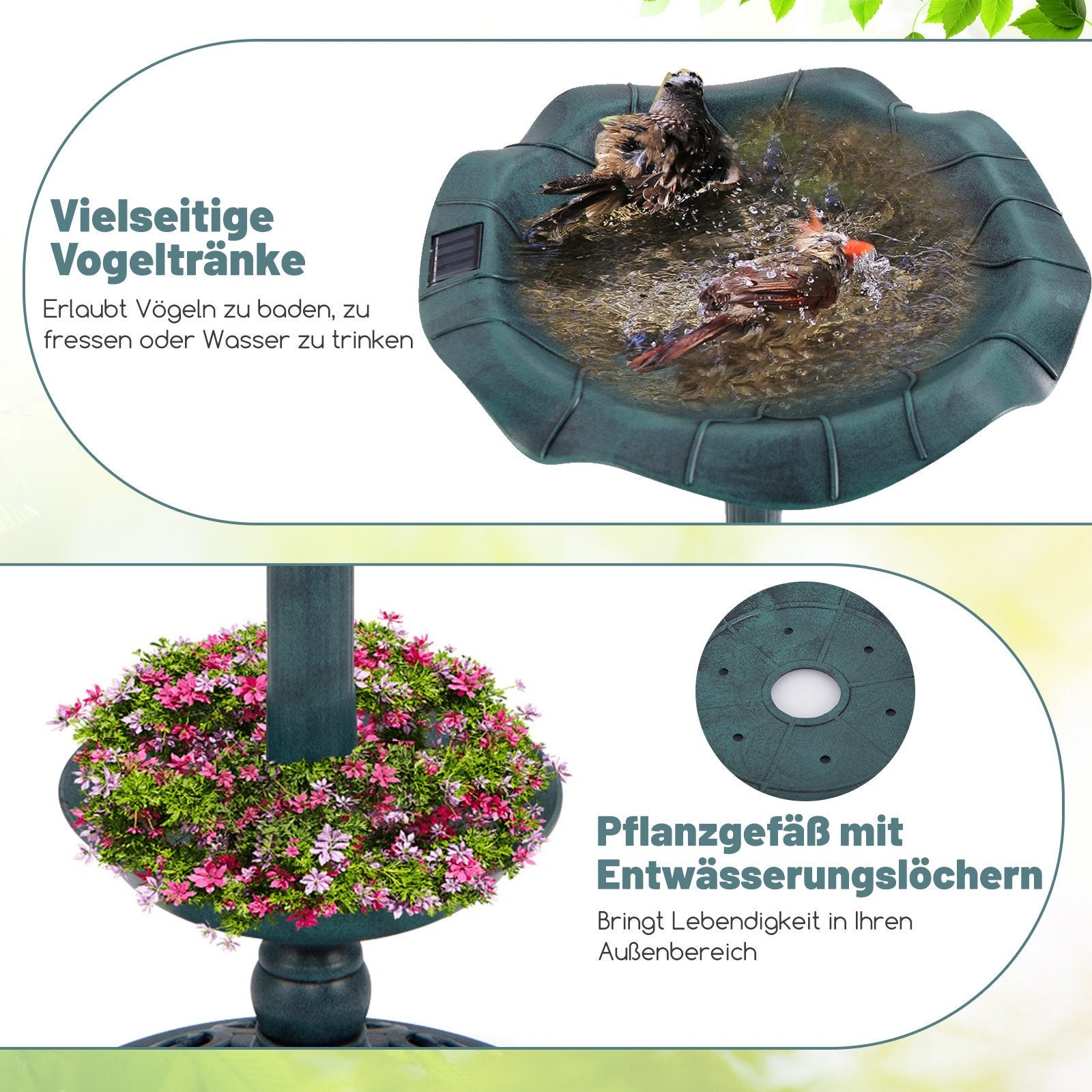 Bain d'oiseaux solaire avec lumière LED et jardinière - 4