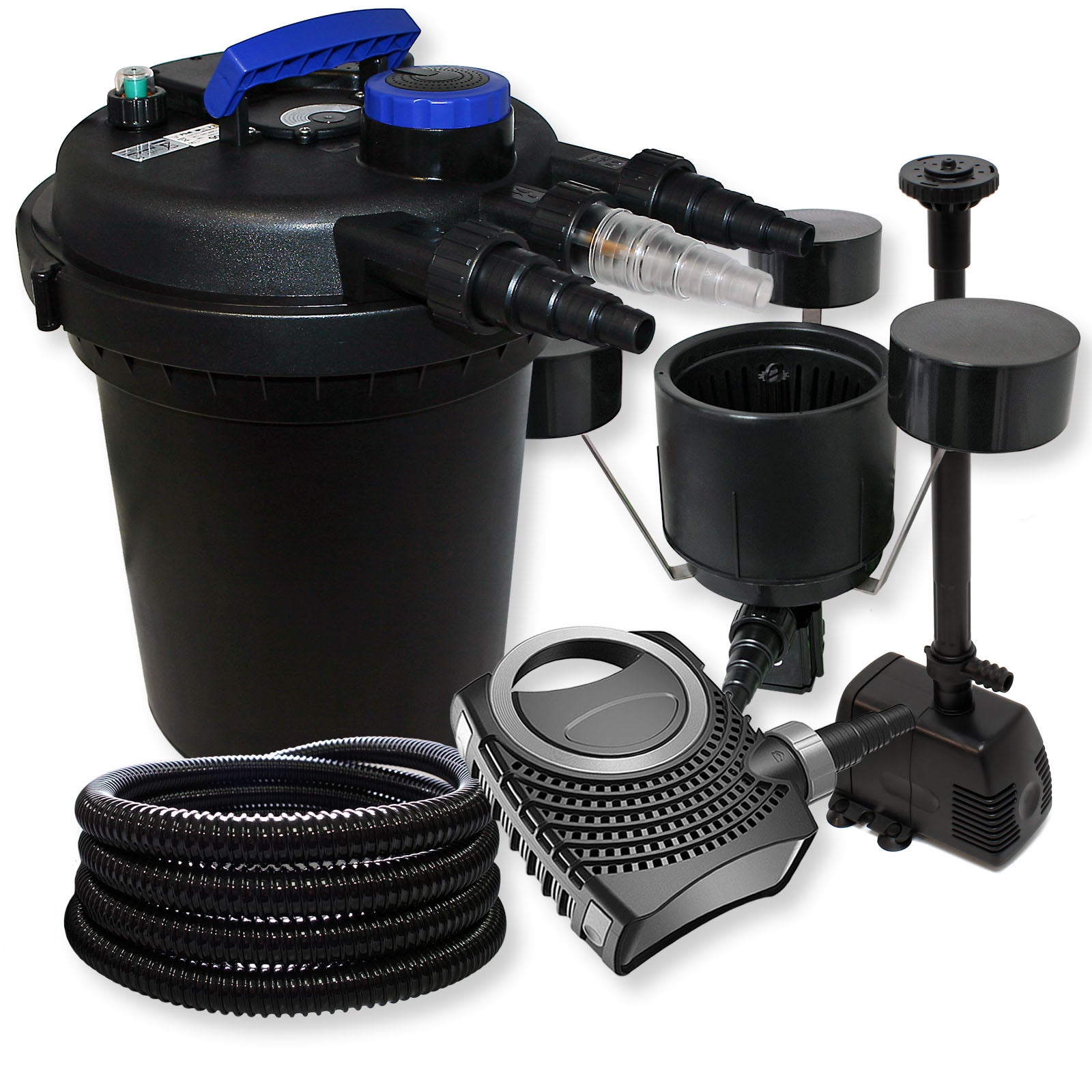 Kit De Filtración SunSun Para Estanques – Filtro De Presión CFP-15000, UVC 18W, Bomba CTF-6000 De 40W, Skimmer CSP-250, Manguera De 25 M, Para Estanques De Hasta 30000 L