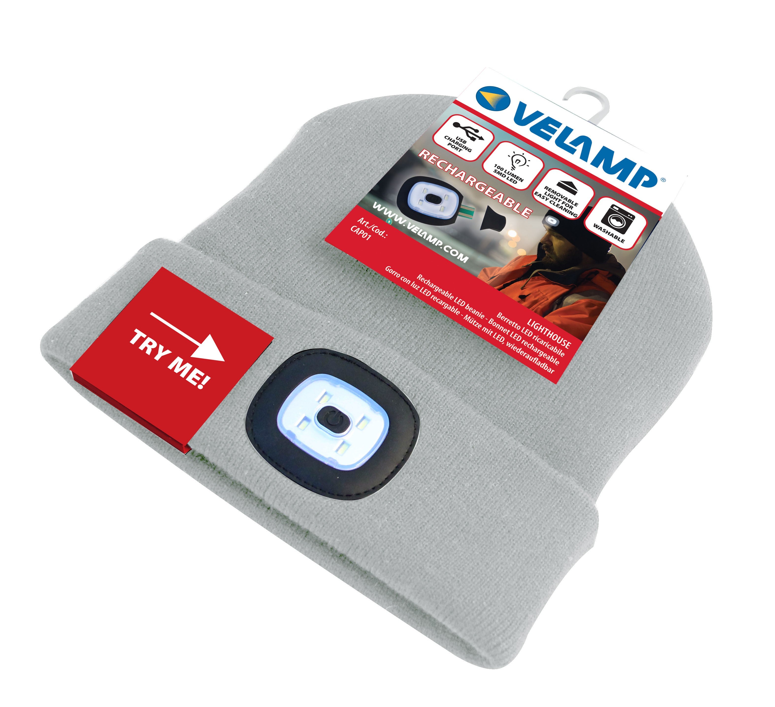 LIGHTHOUSE : Bonnet avec frontale LED rechargeable. Gris clair - 4