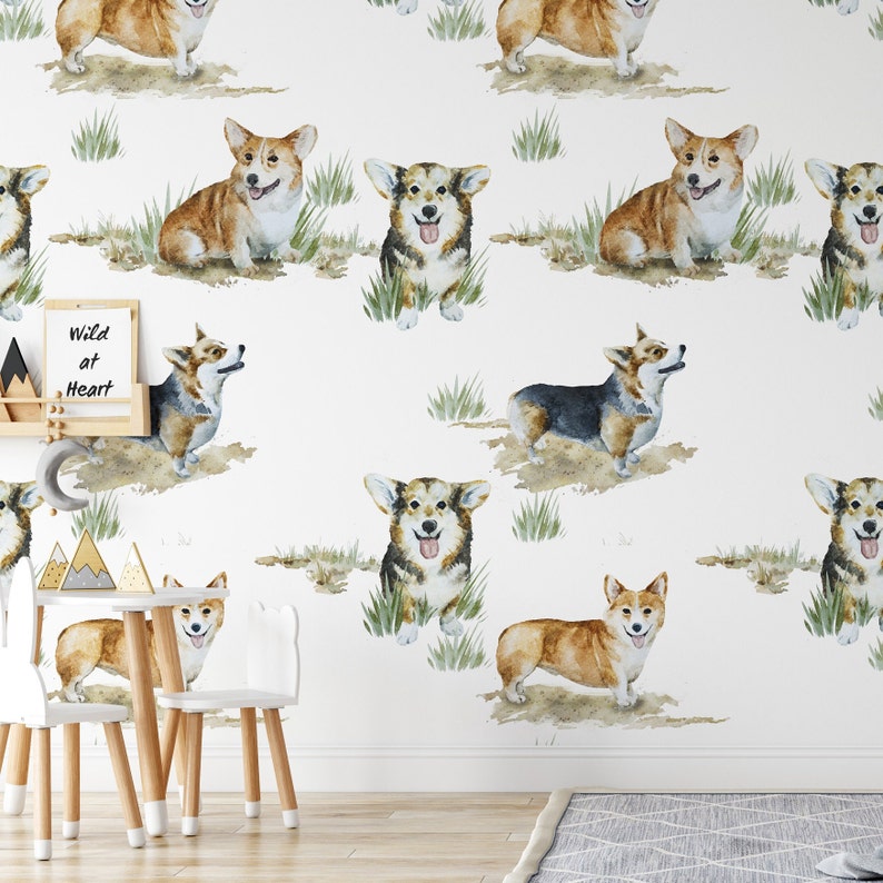 Papel pintado papel auténtico 100% ecológico | estampado corgi | 200x280cm (8 hojas)