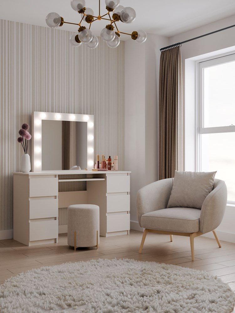 Tavolo Toeletta Con Specchio Illuminato - 6 Cassetti E Sgabello, 80x36 Cm