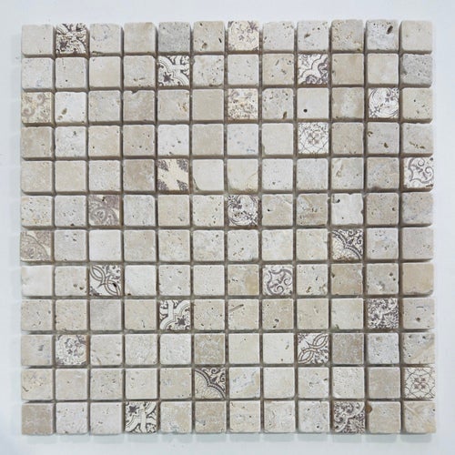 Albedo Pierre - Mosaïque en Travertin Blanc ivoire - Motifs Marrons 2,3X2,3X1 CM
