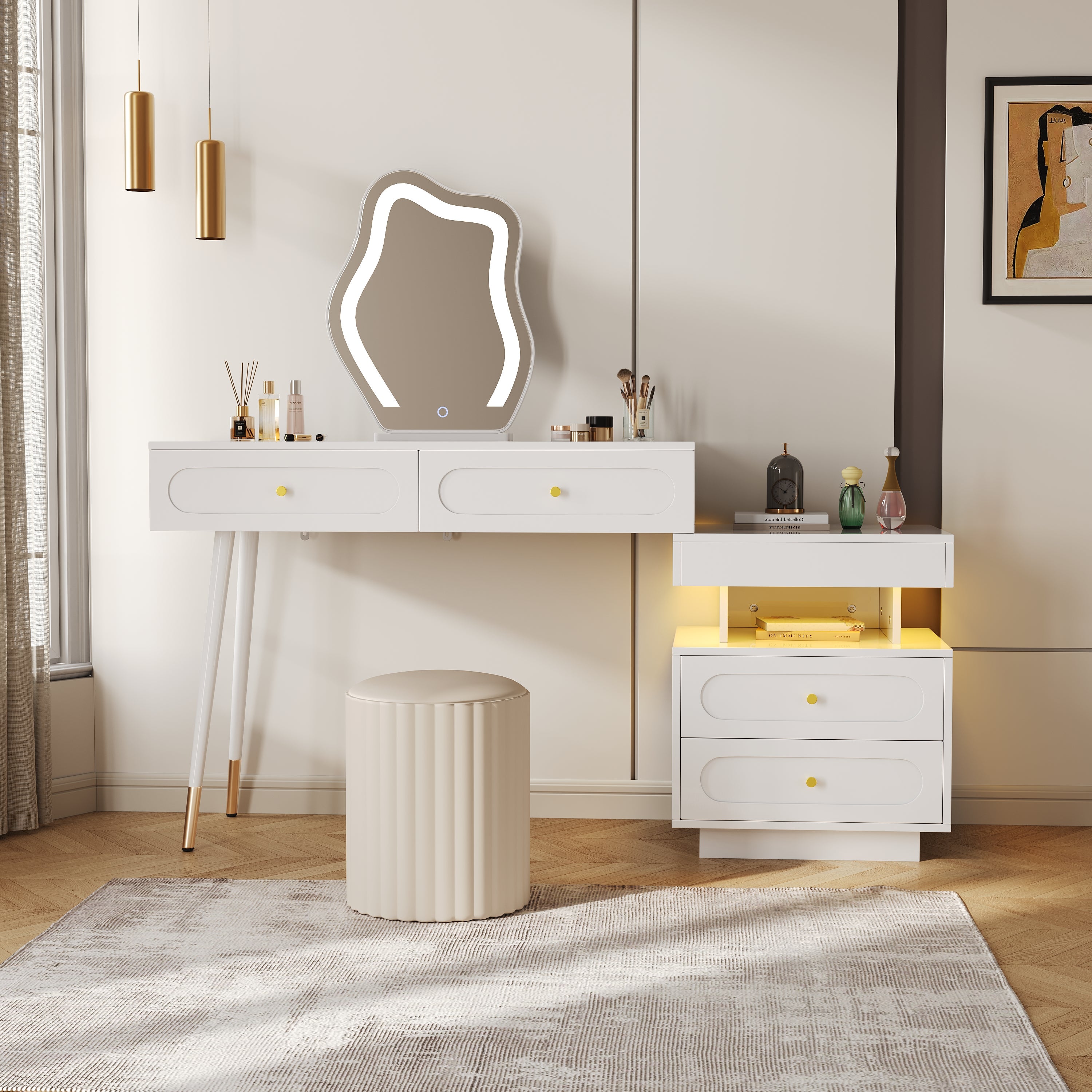 Toaletka z lustrem 140 x 40 x 130 cm - z oświetleniem LED - z 4 szufladami i 1 otwartą półką - Biała (bez taboretu)