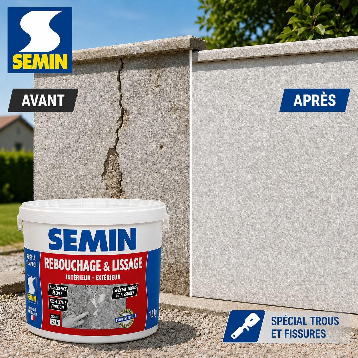 Enduit de rebouchage en pâte spécial fissures et trous de vis Semin - intérieur/extérieur - seau de 1,5 kg - 3