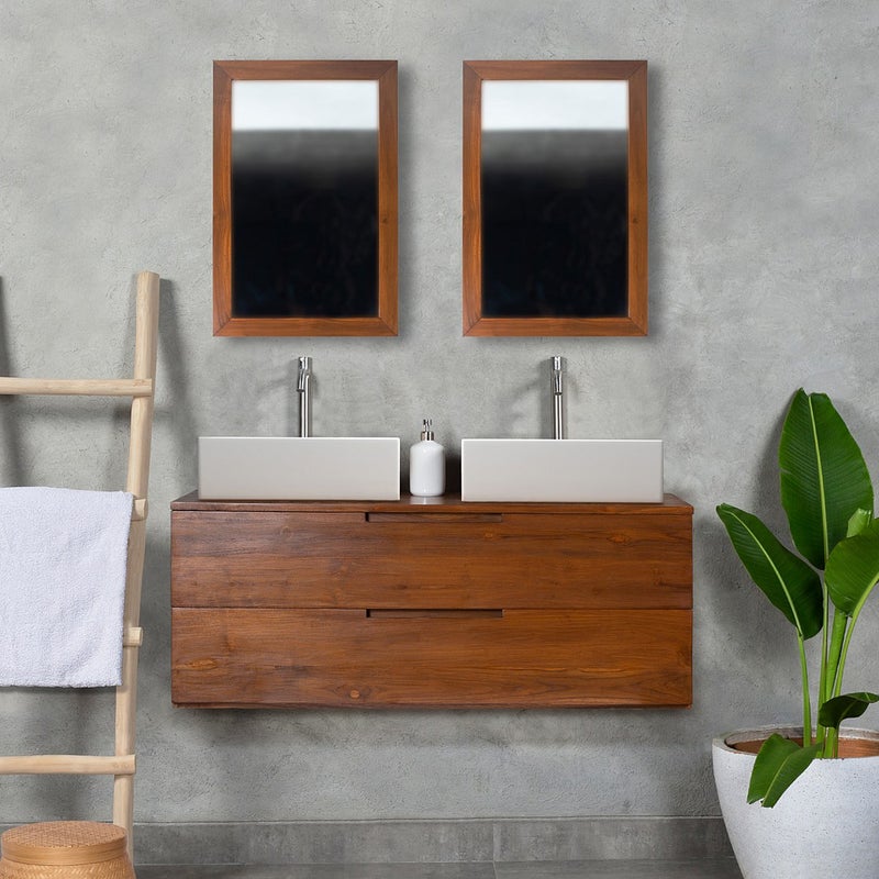 Szafka łazienkowa wisząca z ciemnego drewna tekowego z podwójną umywalką - 2 szuflady - 115 cm - BIMBING