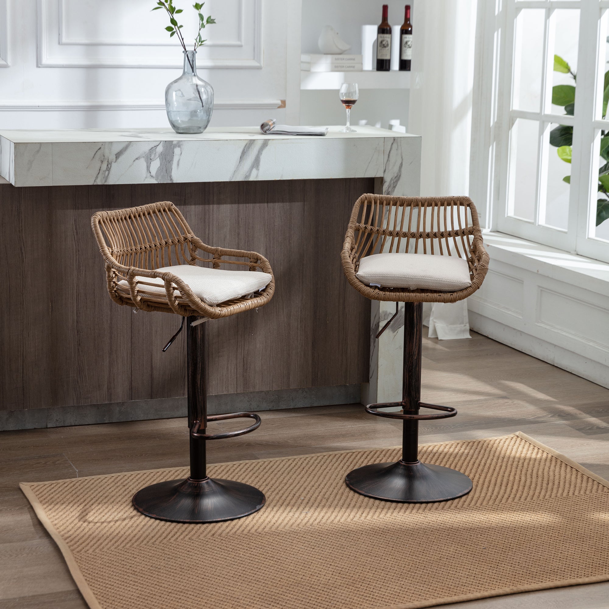 Lot de 2 Tabourets de Bar Rotin Beige Pivotants 360° - 39x38x109 cm, Hauteur Réglable 65-85 cm, Chaise de bar avec Pieds Métal Doré, pour Cuisine - 6