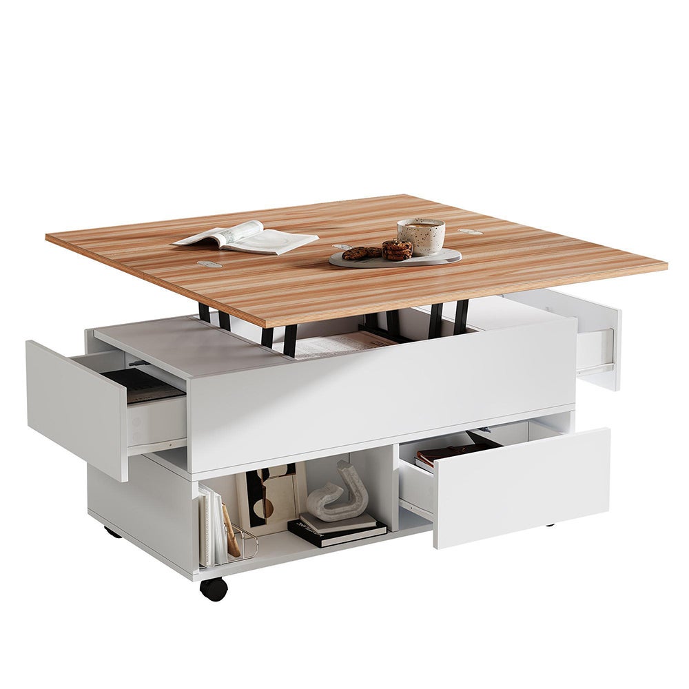 Table basse avec 4 roulettes 4 tiroirs relevable réglable en hauteur avec espace de rangement blanc - 2