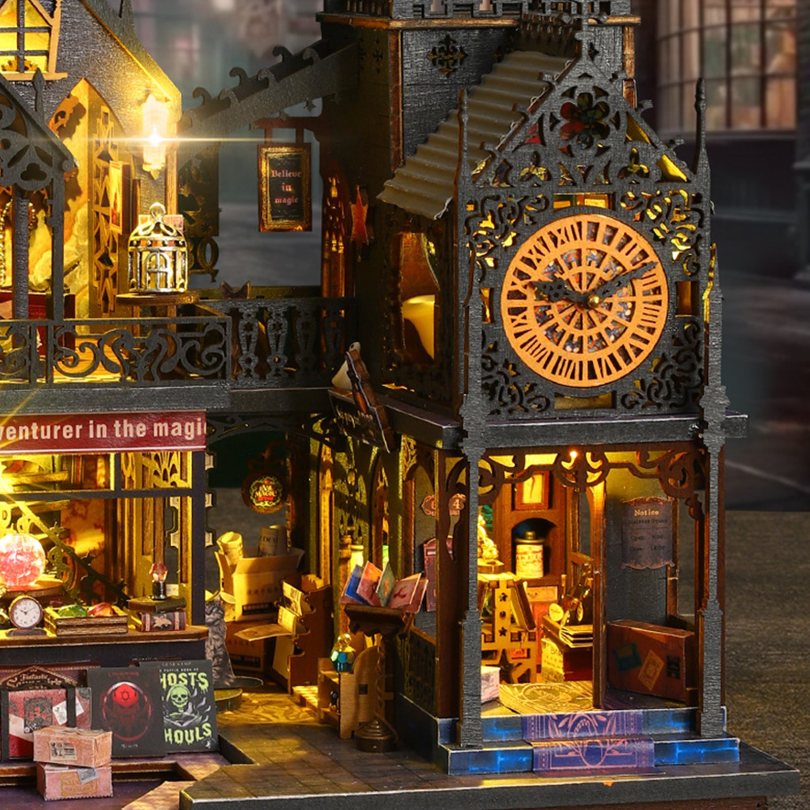 Kit DIY château miniature 3D avec LED et capot anti-poussière, en bois, melticolor, sans piles - 8