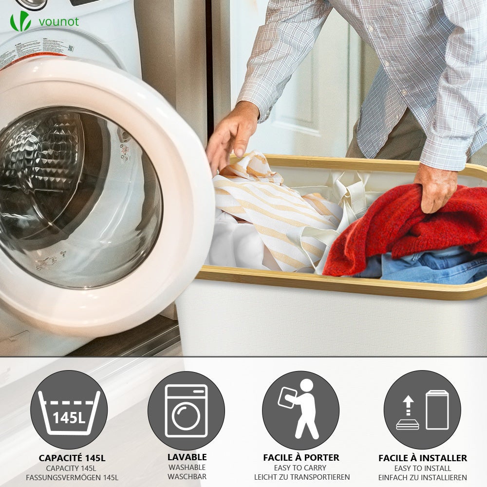Panier à linge pliable avec roulettes 145L - avec 2 sac amovible et couvercle - cadre en bambou - beige - VOUNOT® - 6