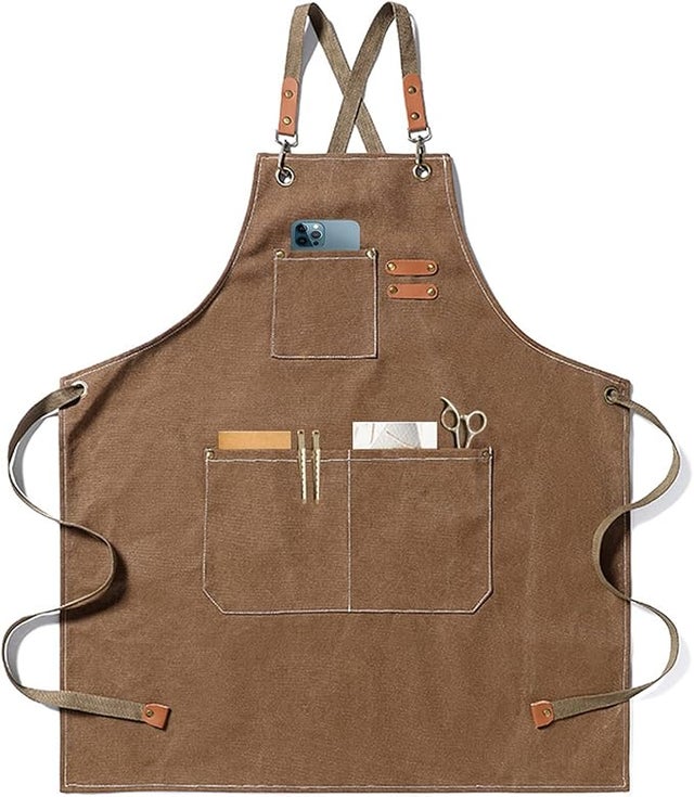 Grembiule da lavoro in tela resistente per uomo con 3 tasche, marrone, regolabile - per cucina, barbecue, saldatura e officina