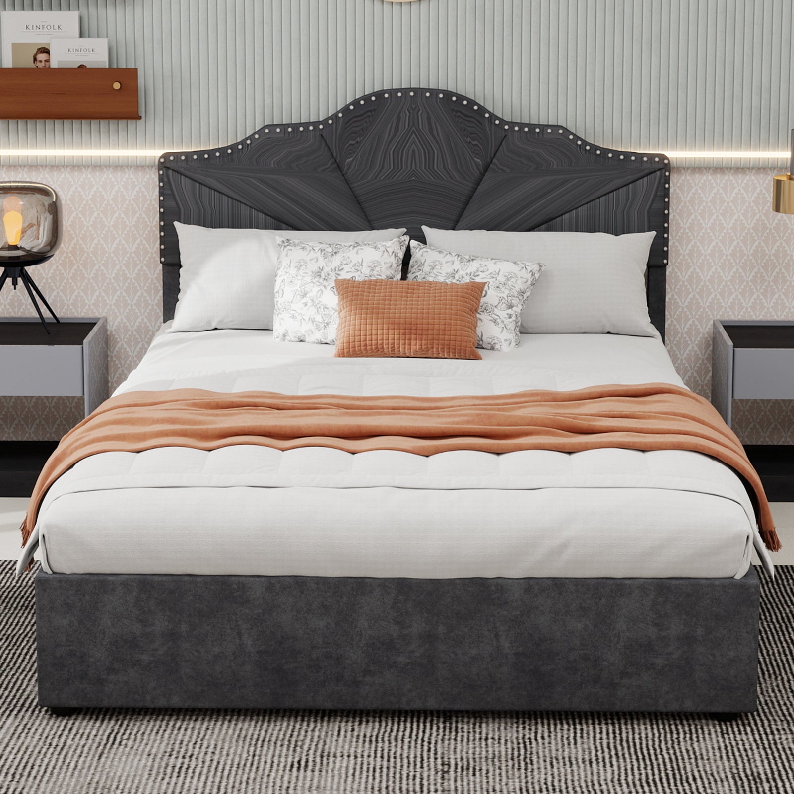 Letto contenitore matrimoniale 160x200 cm, testiera, barre di supporto gonfiabili, grigio metallo, senza materasso - 2