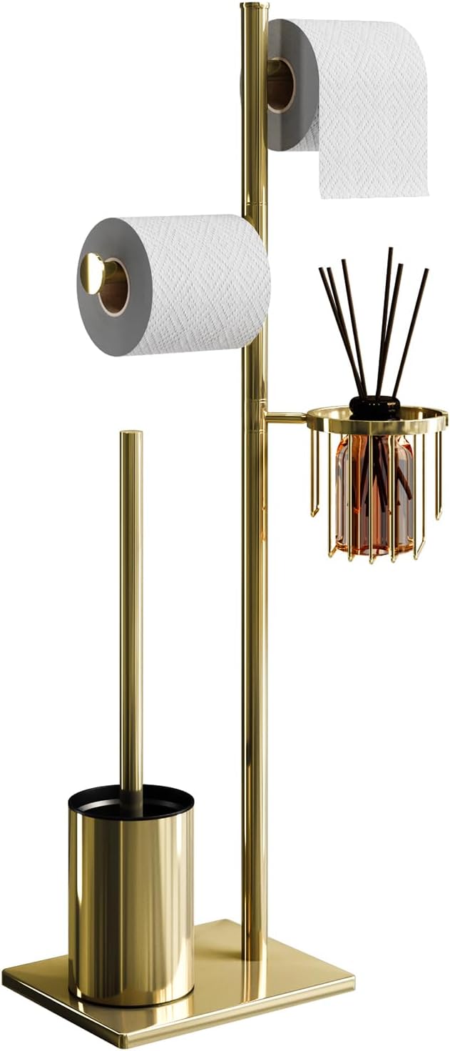 Uchwyt na papier toaletowy ze stali nierdzewnej ze szczotką toaletową i koszykiem o zaokrąglonych narożnikach. Elegancki design, trwałość, odporność