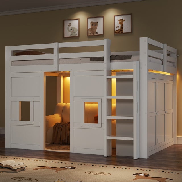 Lit mezzanine 140x200 bois avec armoire intégrée, 2 fenêtres et éclairage LED, blanc