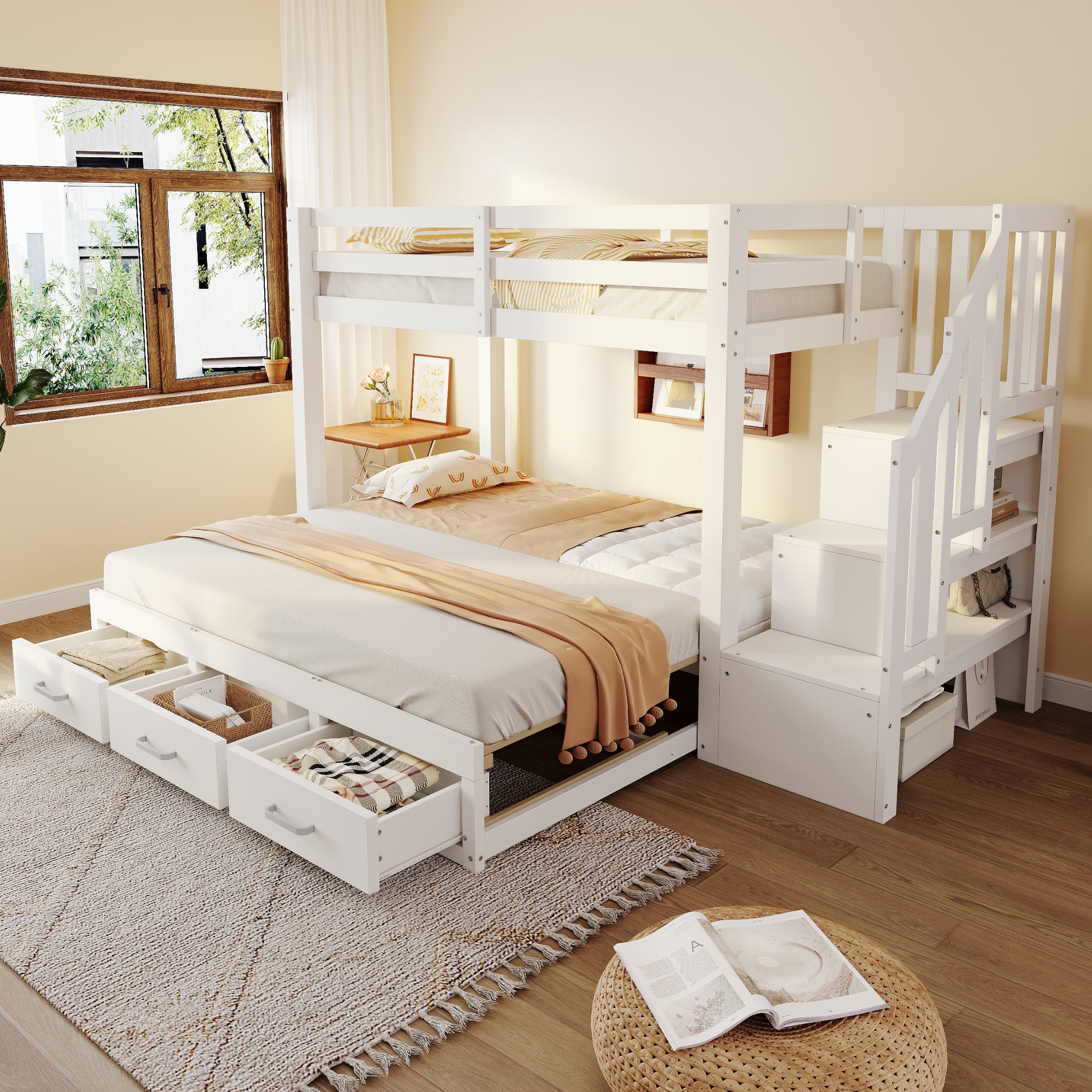 Łóżka piętrowe 90 x 200 cm + 90/180 x 200 cm z 3 szufladami i półkami - Sosna + sklejka + MDF - Białe (Materac nie jest wliczony w cenę)