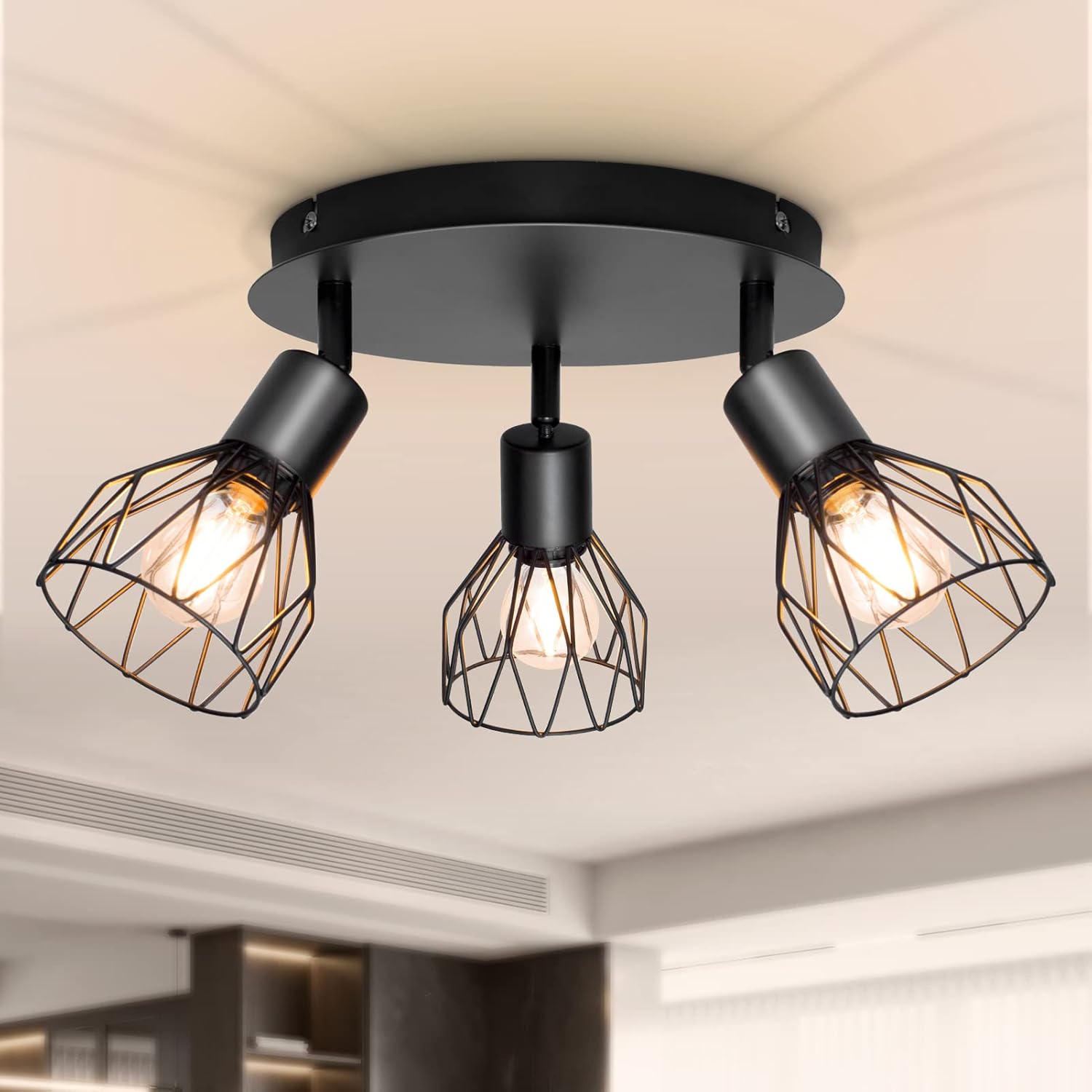 Lampa sufitowa przemysłowa z reflektorem i czarną szyną, ciepłe światło, 3 regulowane reflektory LED, do kuchni, sypialni, salonu