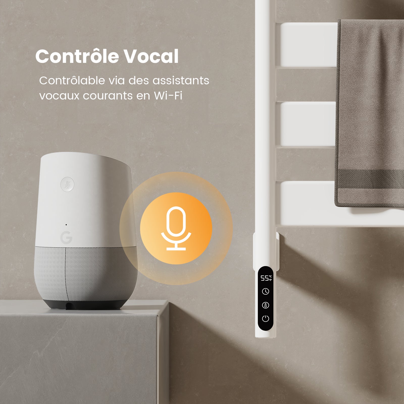 EMKE Sèche-serviettes Électrique Pivotant 180° avec Étagère - WiFi & Vocal - 76 x 45 cm, 120 W, Blanc Brillant - 4