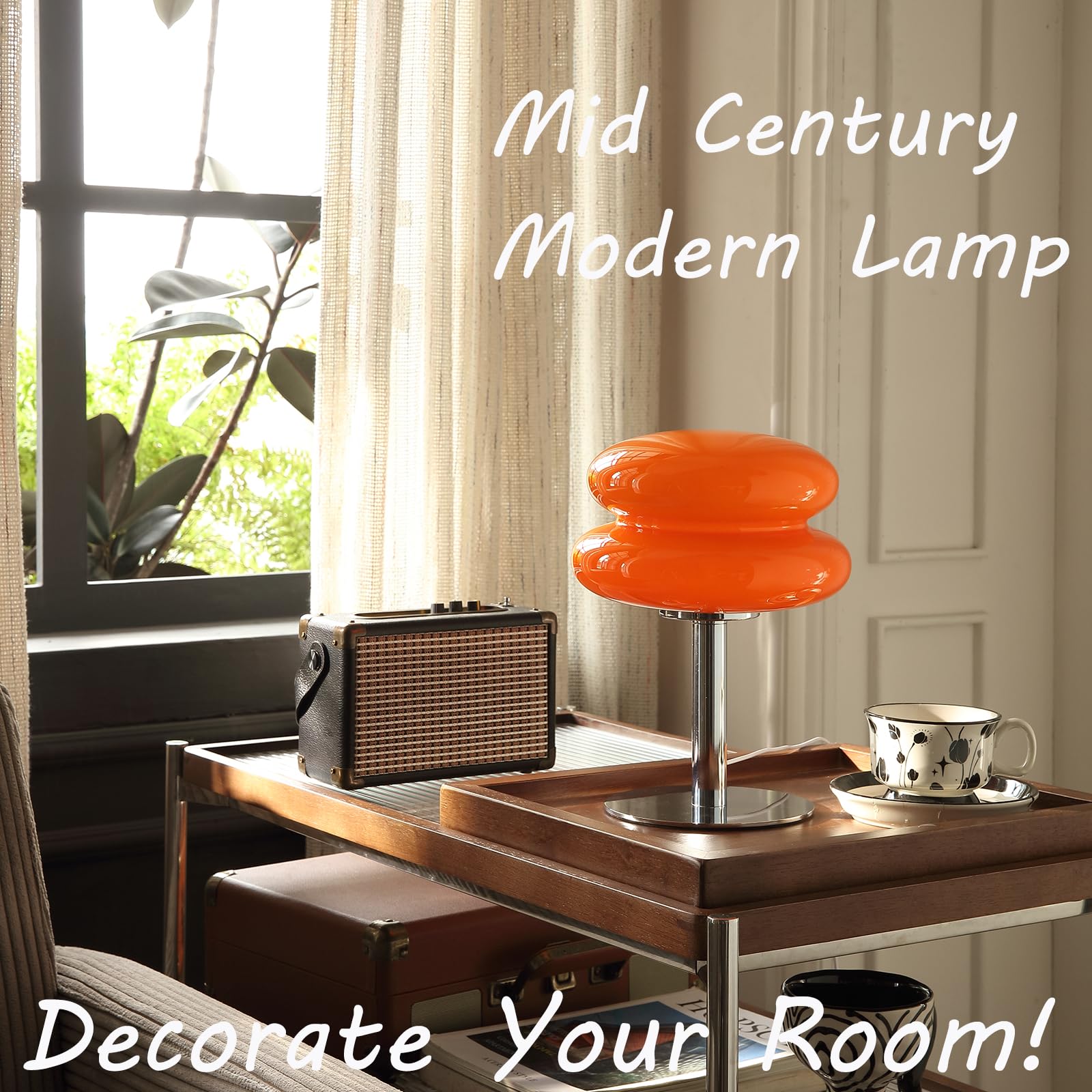 Lampe de chevet en PE, lampe de table moderne du milieu du siècle pour chevet, 3 températures de couleur, lampe de bureau rétro, orange - 3