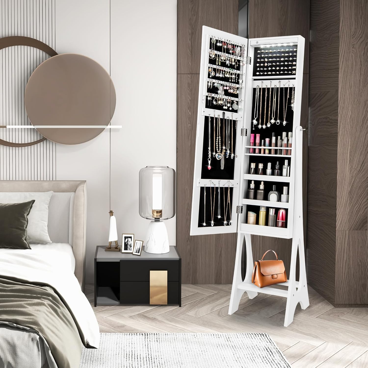 Armoire à Bijoux sur Pied avec Lumières LED et Miroir,avec Miroir Plein Longueur sur le Miroir,Organisateur d'Armoire à Bijoux,3 Etagères (Blanc) - 7