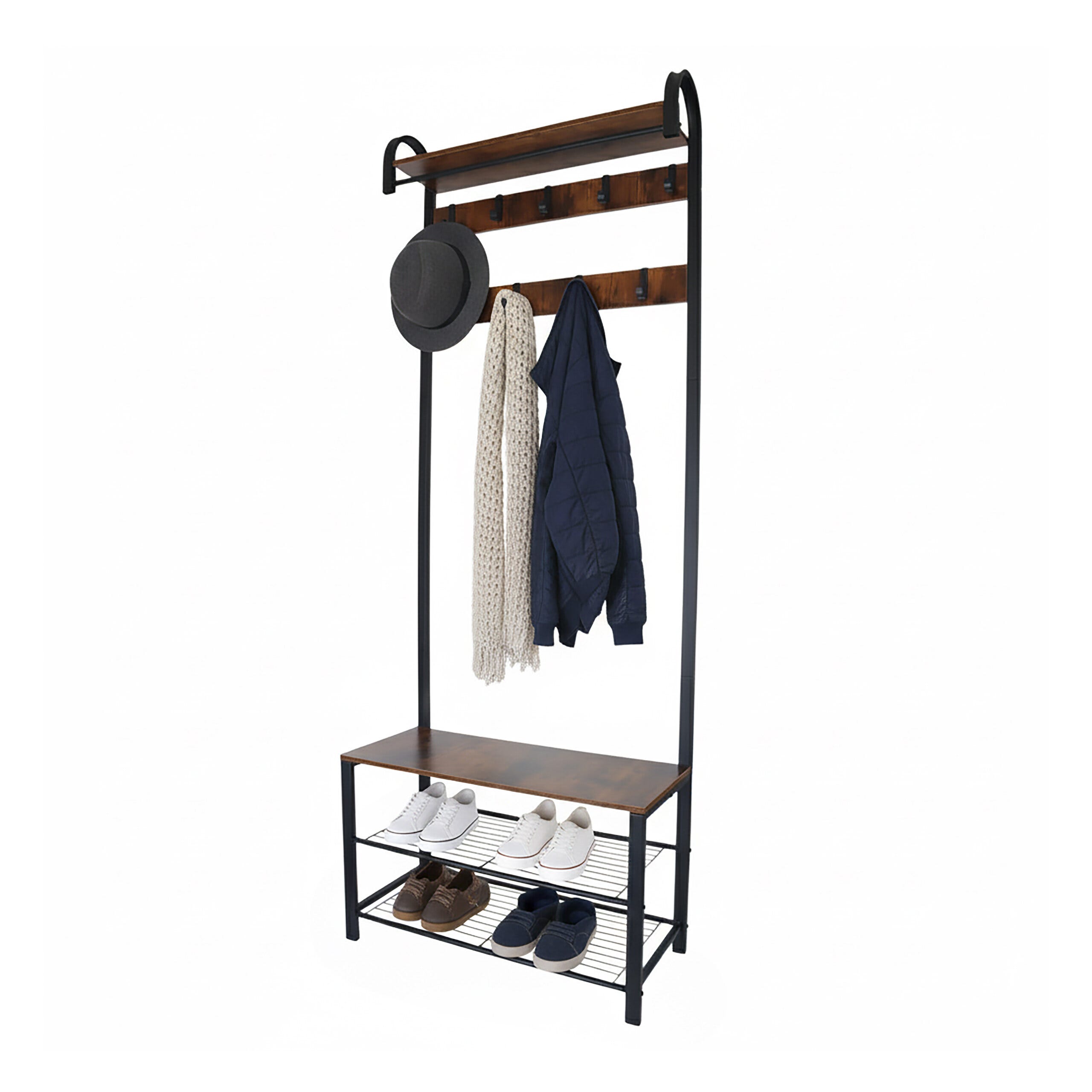 Appendiabiti Con Panca E 2 Ripiani Relaxdays - 9 Ganci, Spazio Per 6 Paia Di Scarpe, Dimensioni 182x69x30 Cm, Nero/marrone