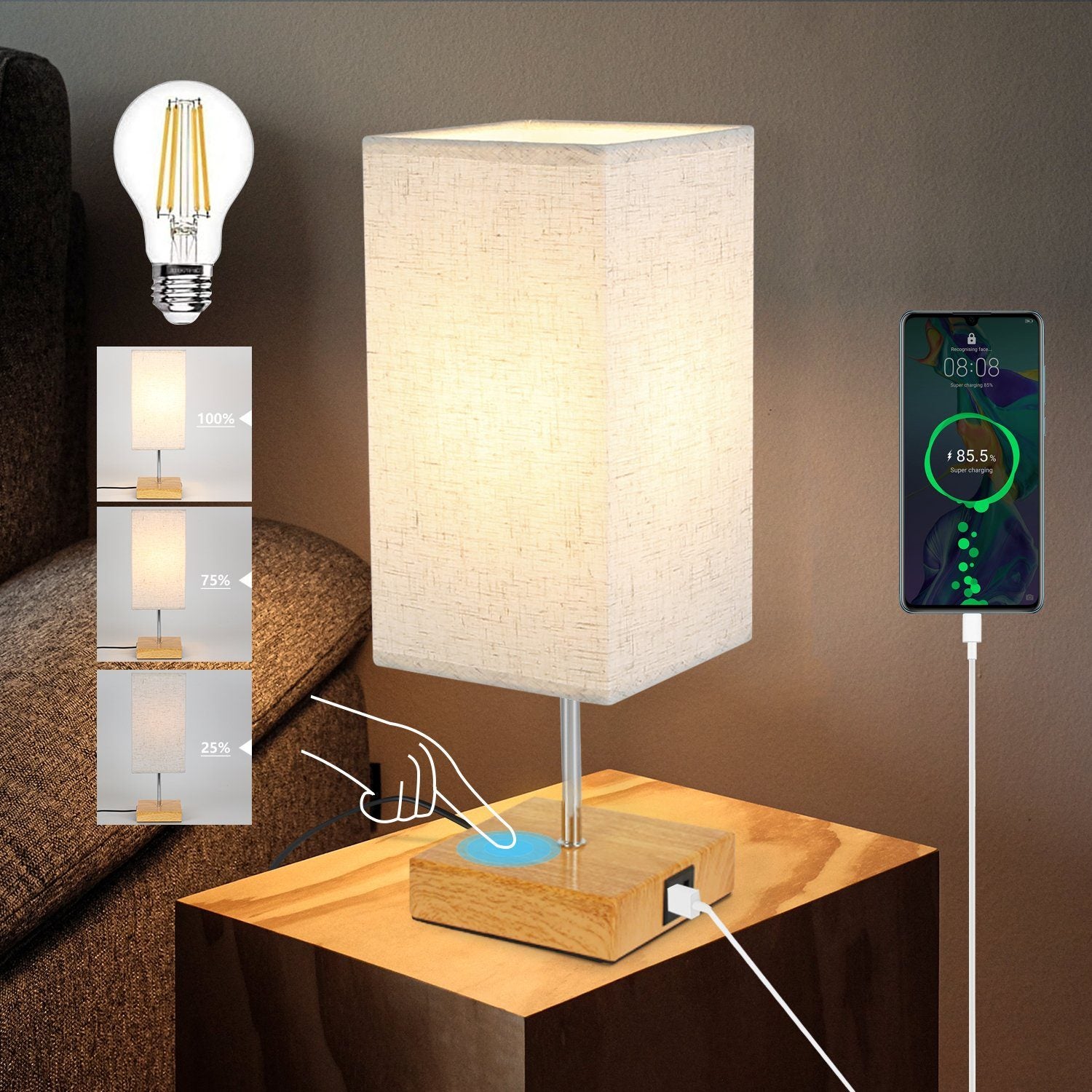 NETTLIFE Dotykowa lampa stołowa Vintage E27 USB z funkcją ściemniania, funkcją ładowania, portem ładowania typu C i USB bez żarówki