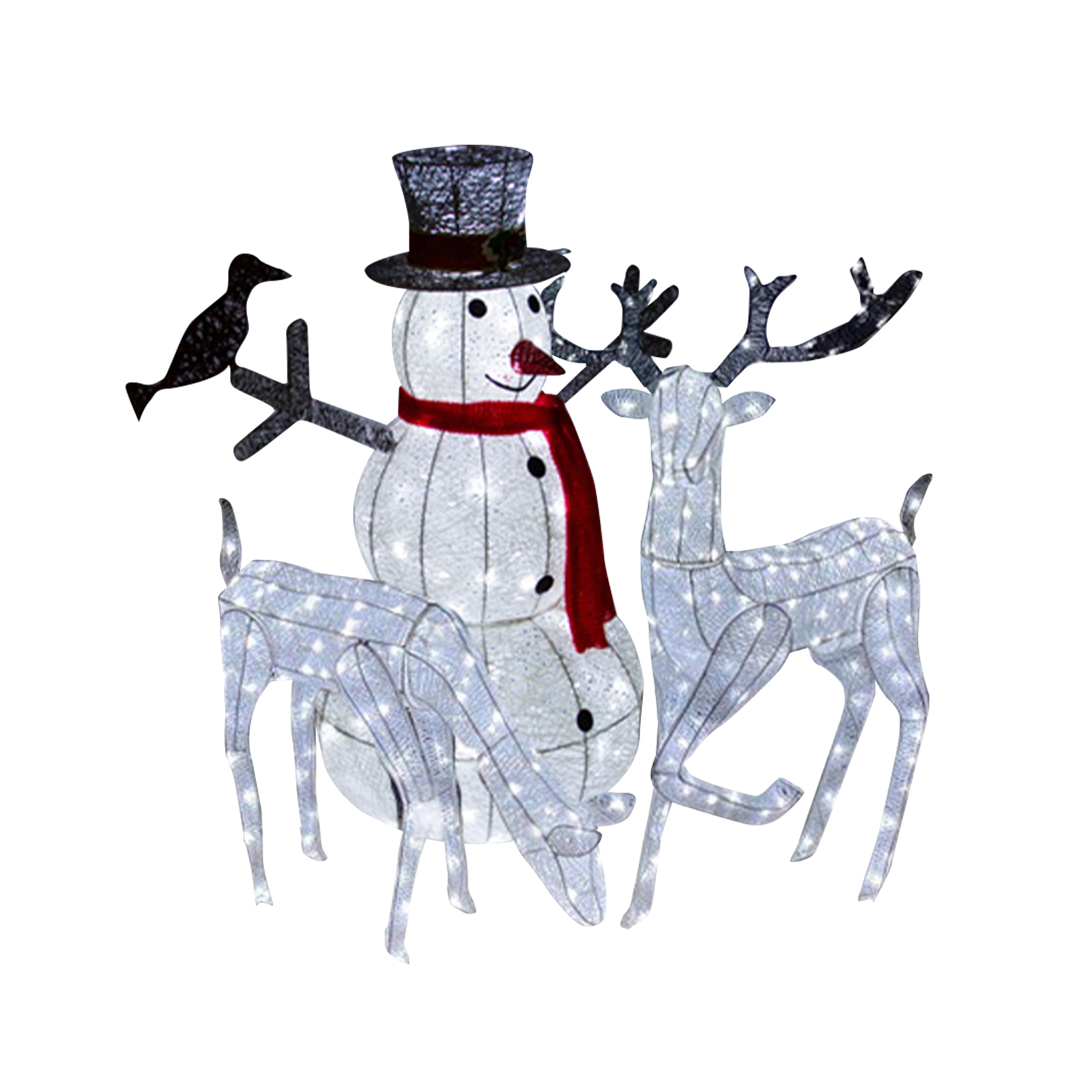 Couple Biche & Cerf LED Blanc + Bonhomme de Neige Lumineux Décoration