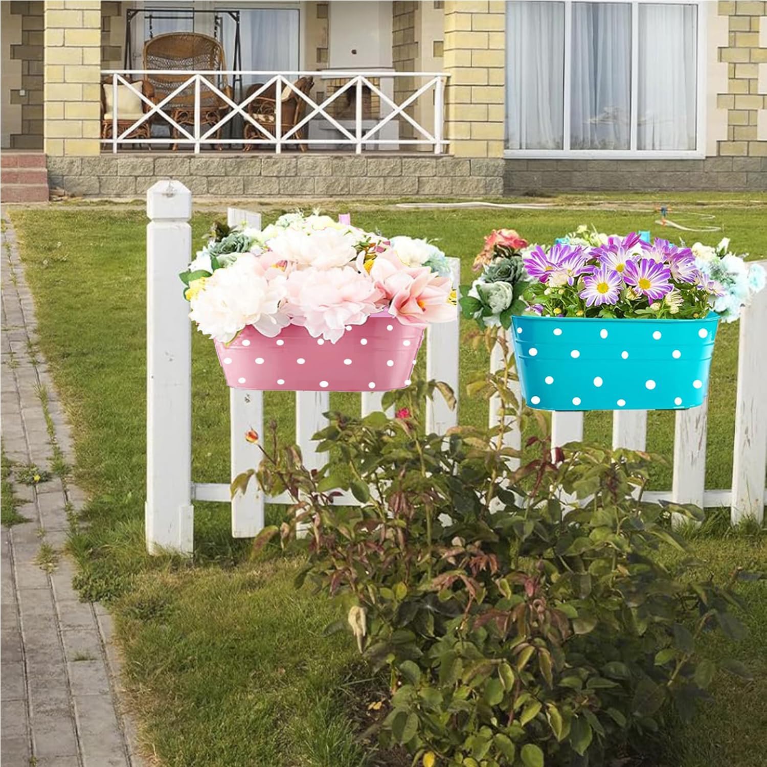 Lot de 4 pots de fleurs suspendus en métal avec trou de drainage - Avec double crochet amovible -Pour décoration de jardin et balcon -Bleu - 5