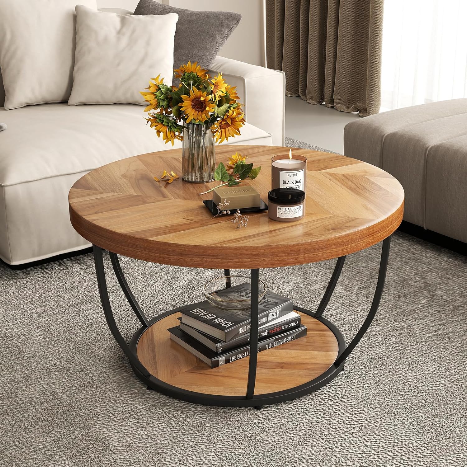 Mesita 60x34x60 Cm Mango Madera Maciza / Metal Industrial Negro Redondo | Mesa De Centro Mesa De Salon Maciza Mesa Pequena Mesa De Centro Sala De Estar