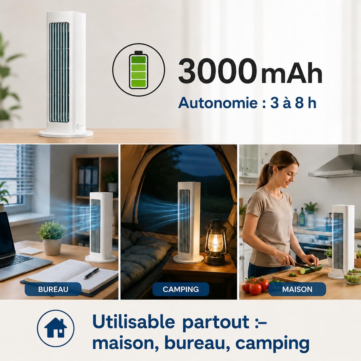 Fan Air Cooler, Conception Sans Pales, Conception Portable, Trois RéGlages De Vitesse De Vent, Convient à La Maison, Au Bureau Et Au Camping (Blanc) - 3