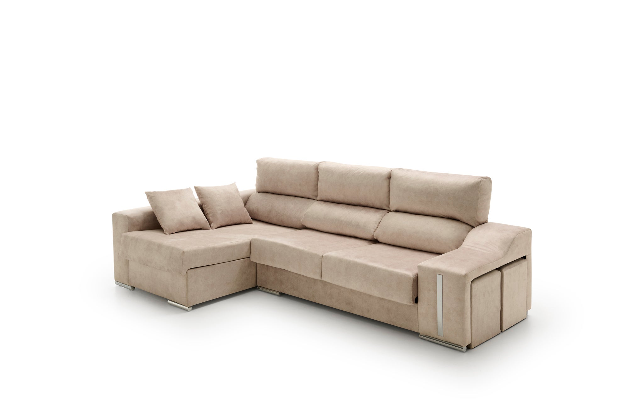 Sofa chaise longue reclinable y deslizante con puffs serena alta gama beige izquierda
