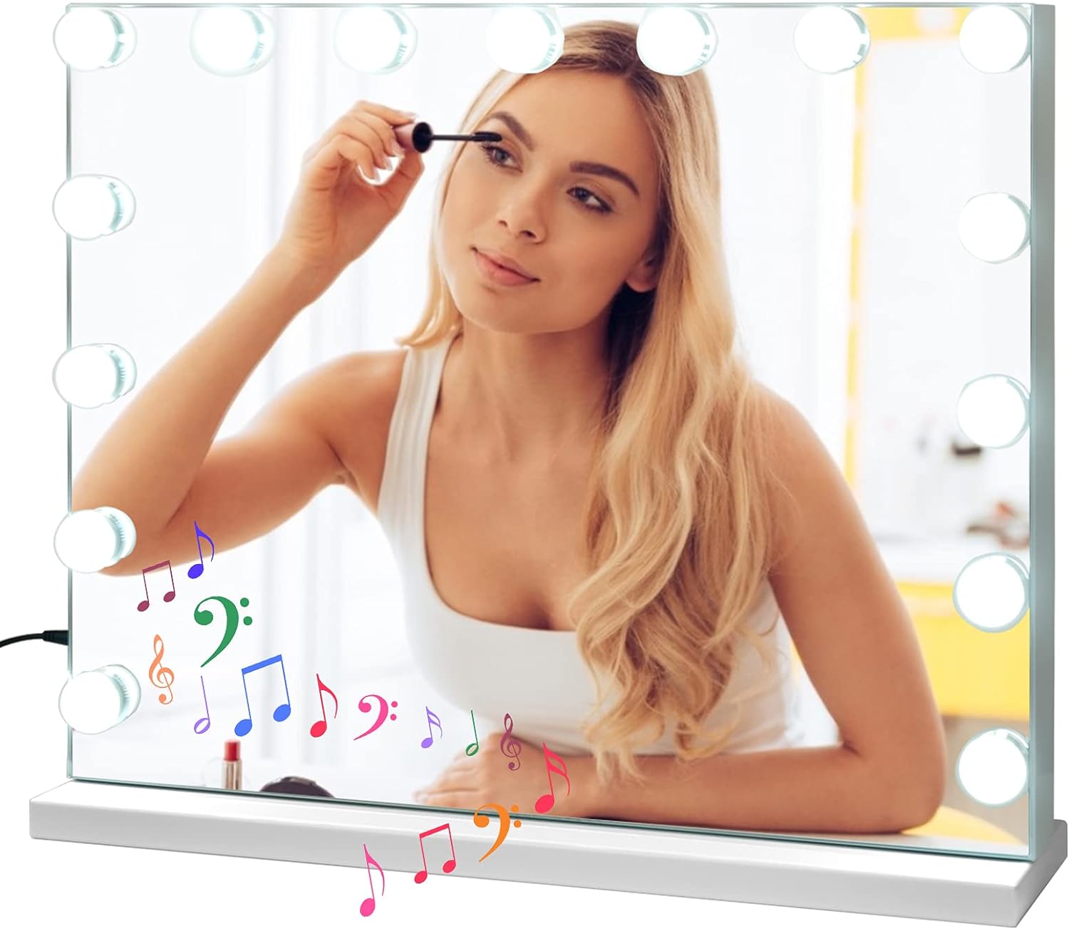 Lustro Kosmetyczne z Oświetleniem 15 Diod LED, Lustro Hollywood Bluetooth, 3 Poziomy Intensywności Światła, z Portem USB 58 x 48 cm
