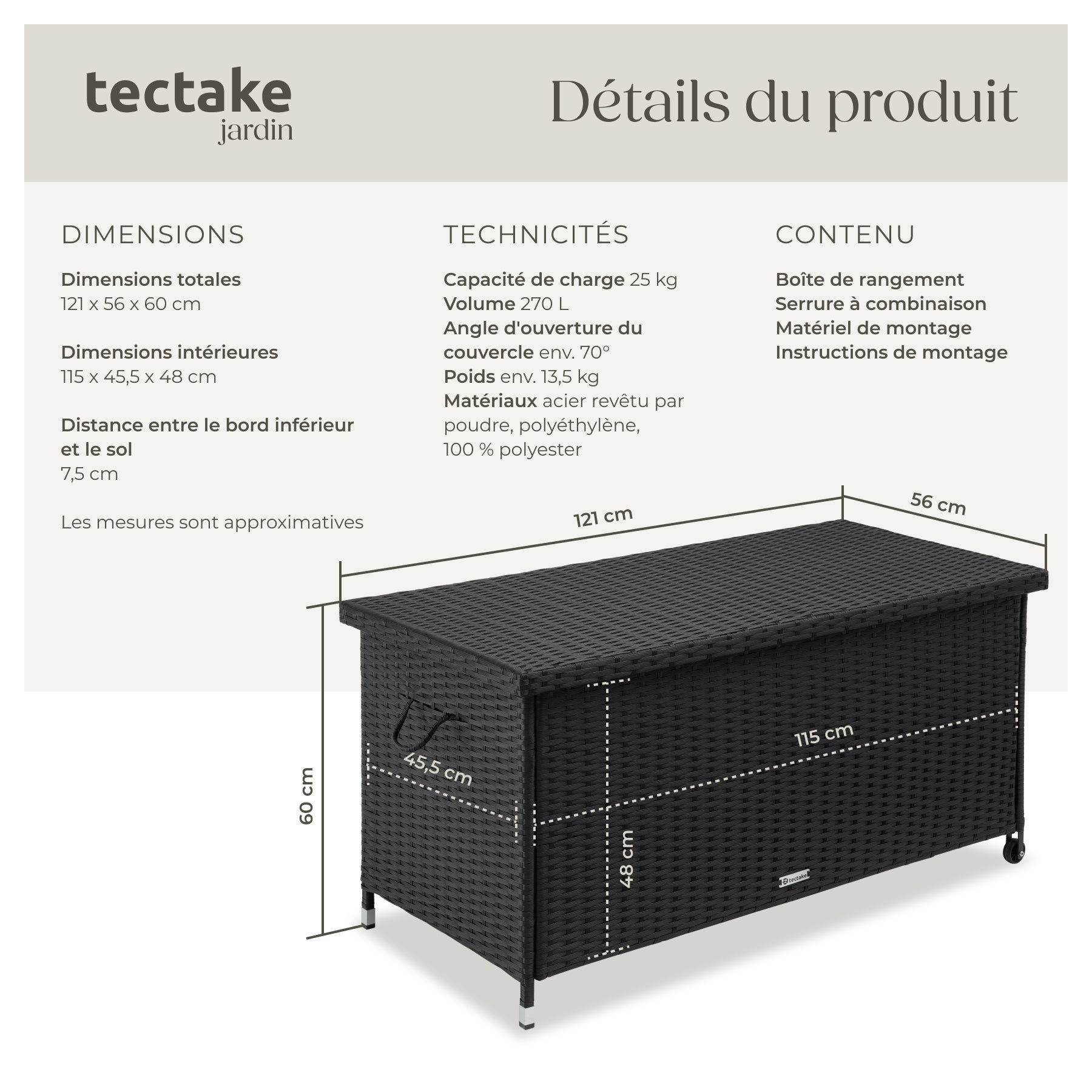 Coffre de jardin rotin en résine tressée et structure en acier 120x55x61,5cm 270 L avec poignées et 2 roues TECTAKE - 6