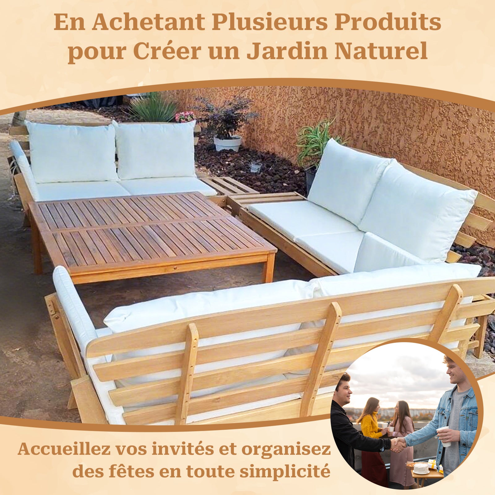 3 en 1 Canapé Convertible Lit Jardin 2 Places-Bois d’acacia-FSC, Canapé Extensible Coussins Amovibles-Charge 320KG pour Balcon/Terrase, Blanc GIANTEX - 7