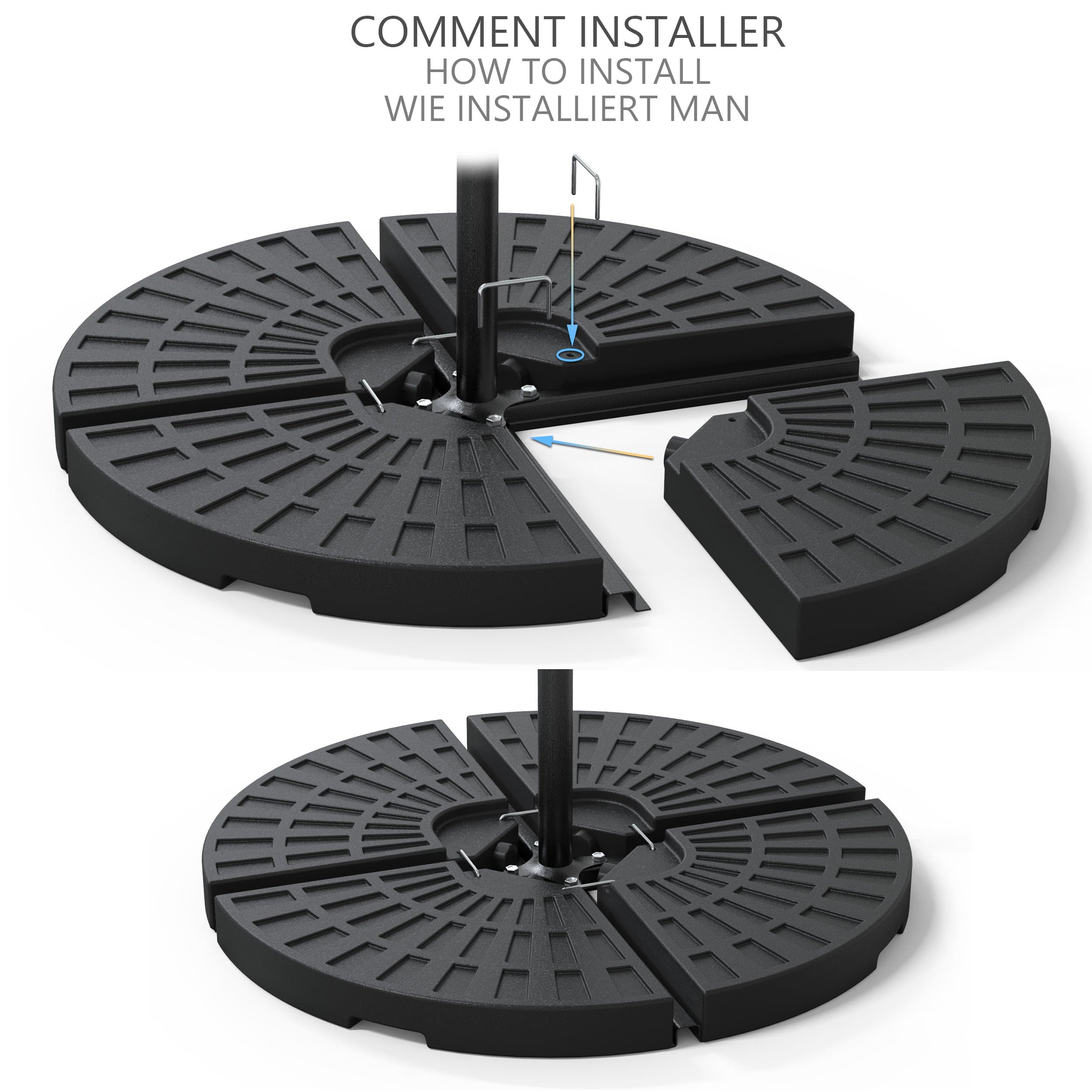Dalle de lestage pour pied de parasol - 4 pcs à remplir - HDPE - 100kg sable ou 52L eau - base pour pied en croix - VOUNOT® - 6
