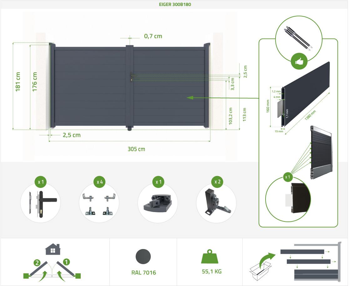 Portail battant 3m EIGER H.180cm aluminium gris - 2