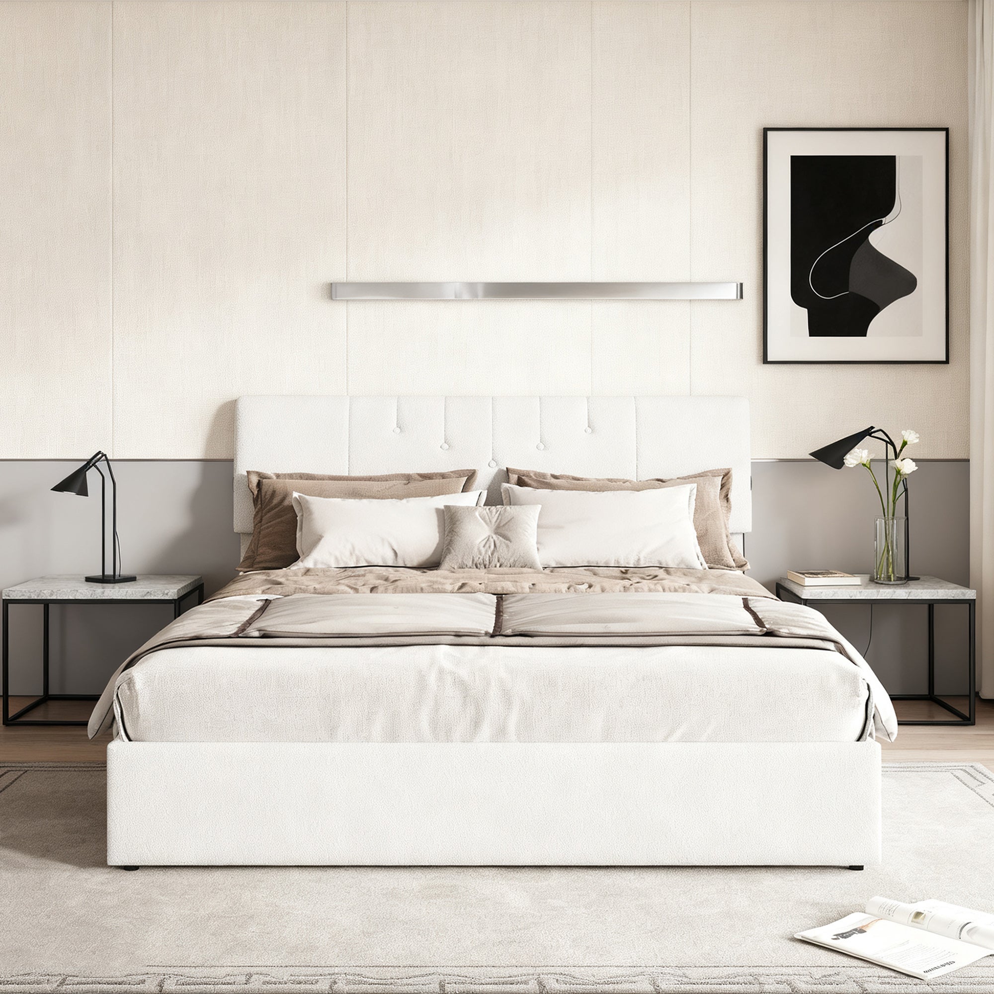 Lit 140x190 cm avec sommier à lattes, COZY, lit adulte avec USB et Type C, cadre de lit coffre, tissu en teddy velours, blanc - 2