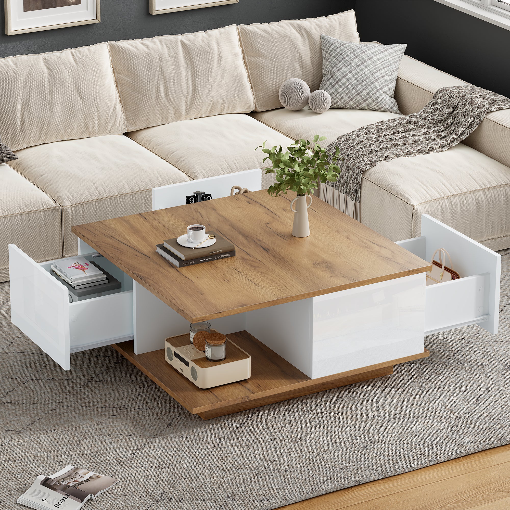 Stolik kawowy kwadratowy z 3 szufladami, stolik pomocniczy - 70 x 70 x 31,5 cm - diody LED - płyta wiórowa - kolor biały i orzechowy - 2