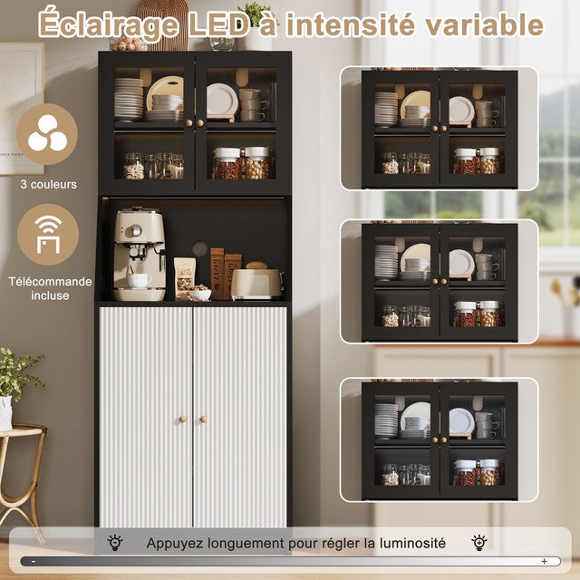 Armoire de Cuisine Colonne 180cm, Buffet avec Éclairage, Étagères Réglables, Plan de Travail et Portes en Verre Transparent, 70x40x180cm - 2