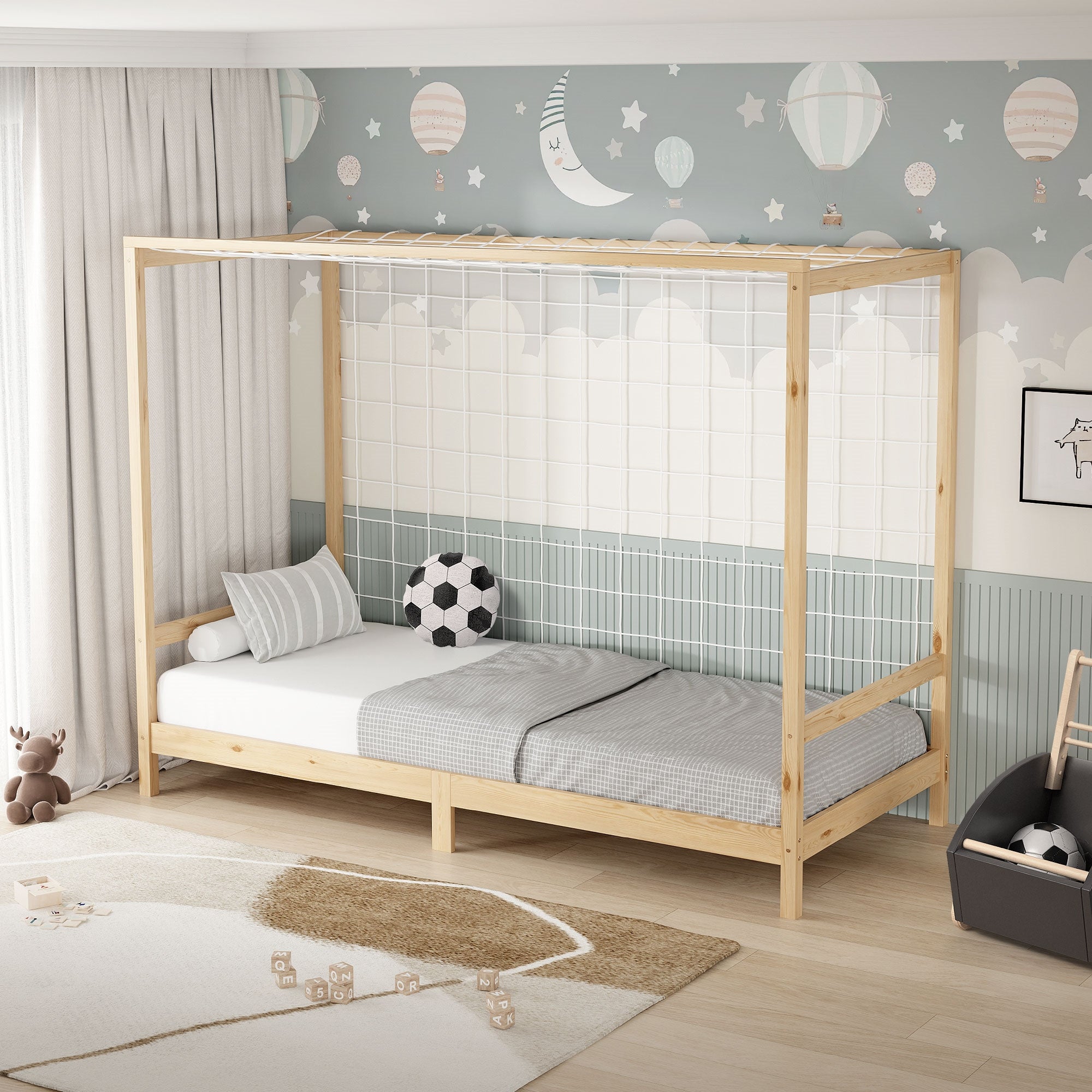 ML-Design łóżko dziecięce 90x200 cm z bramką piłkarską naturalne z litego drewna sosnowego konstrukcja z listwami dla chłopców i dziewczynek