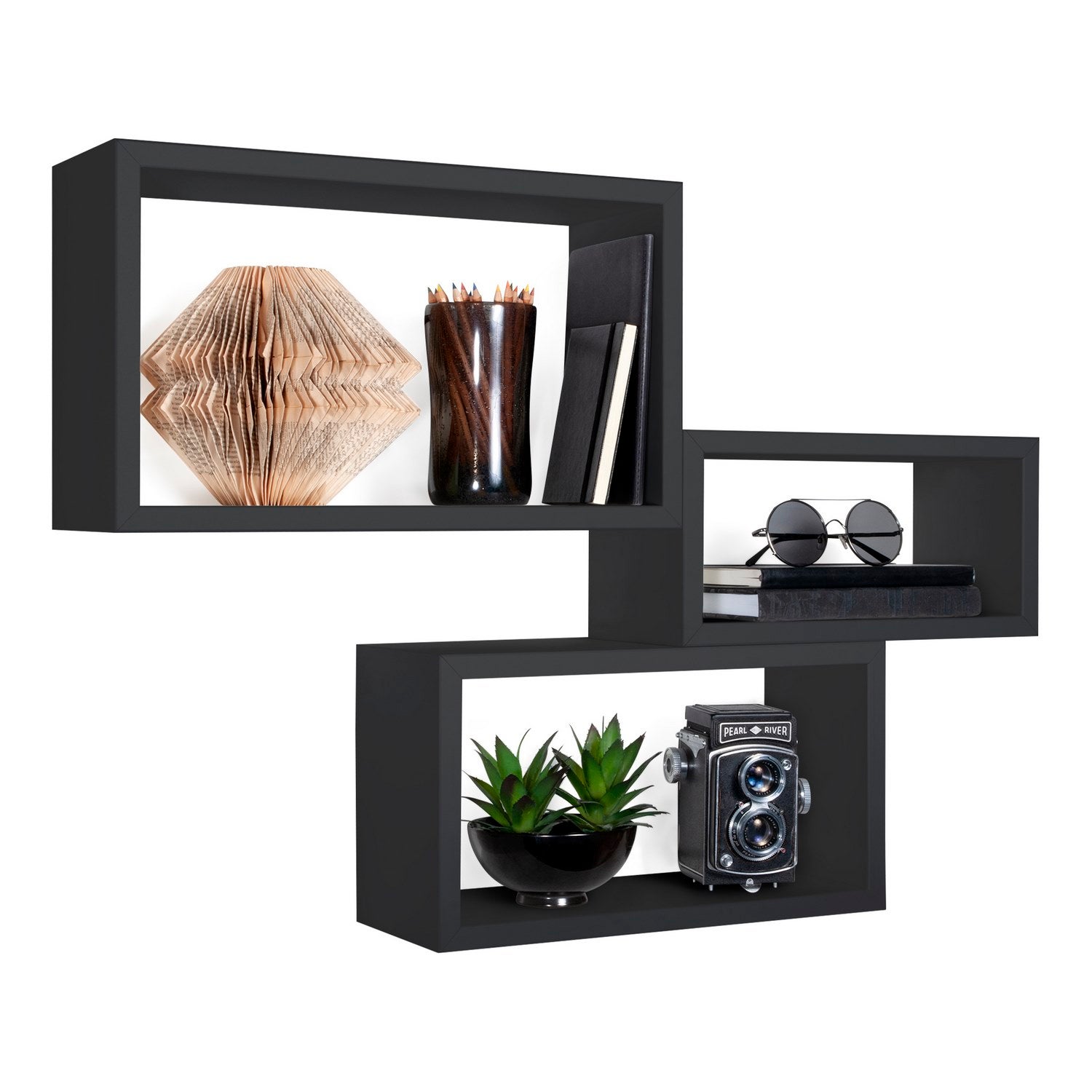 Ensemble de 3 étagères murales, bibliothèque flottante, étagère murale, noir, 45 x 27 x 15,5 cm, 40 x 22 x 15,5 cm et 35 x 17 x 15,5 cm - Triptyque - 6