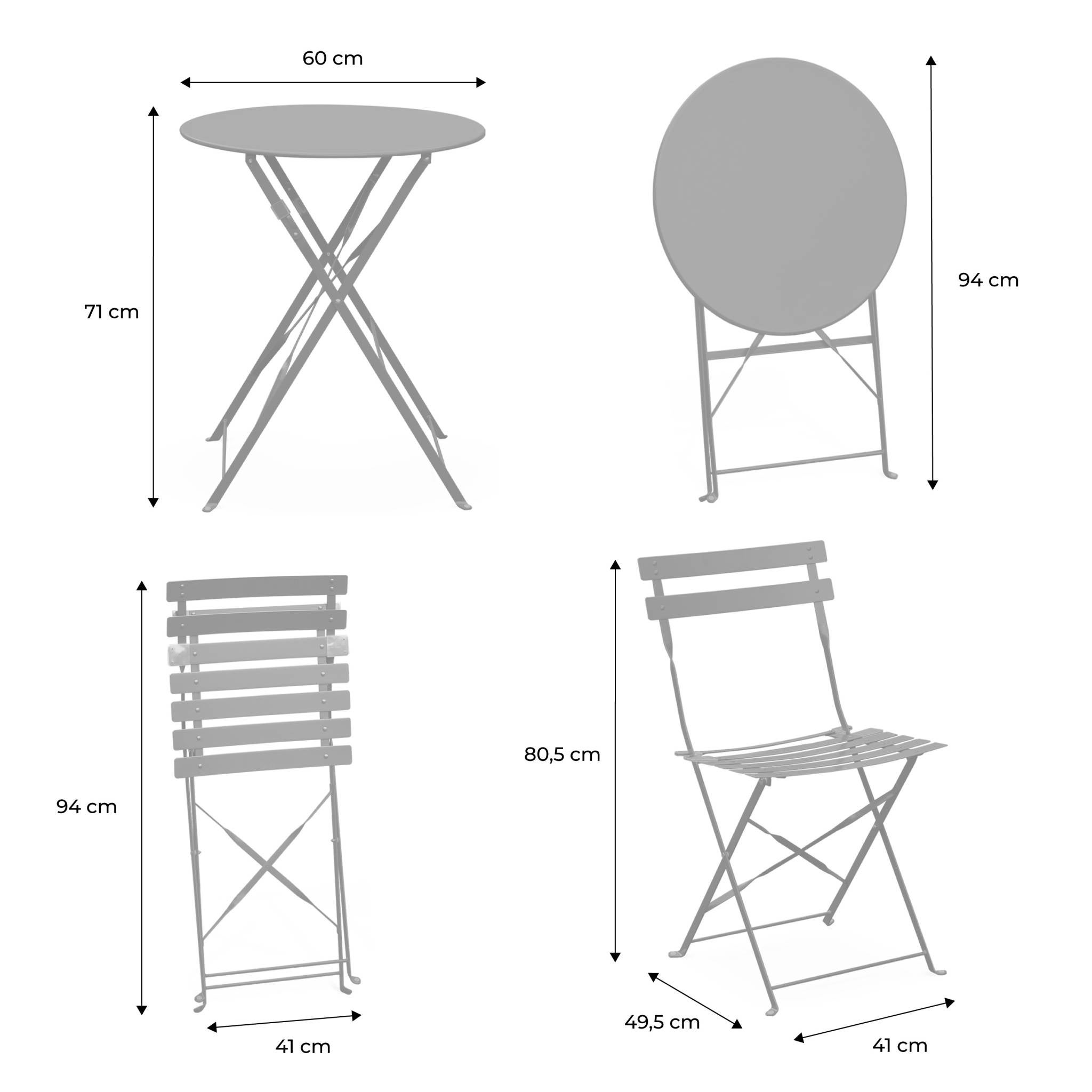 Table de jardin bistrot pliante métal + 2 assises vert de gris Ø60 x 70cm. acier thermolaqué EMILIA - 4