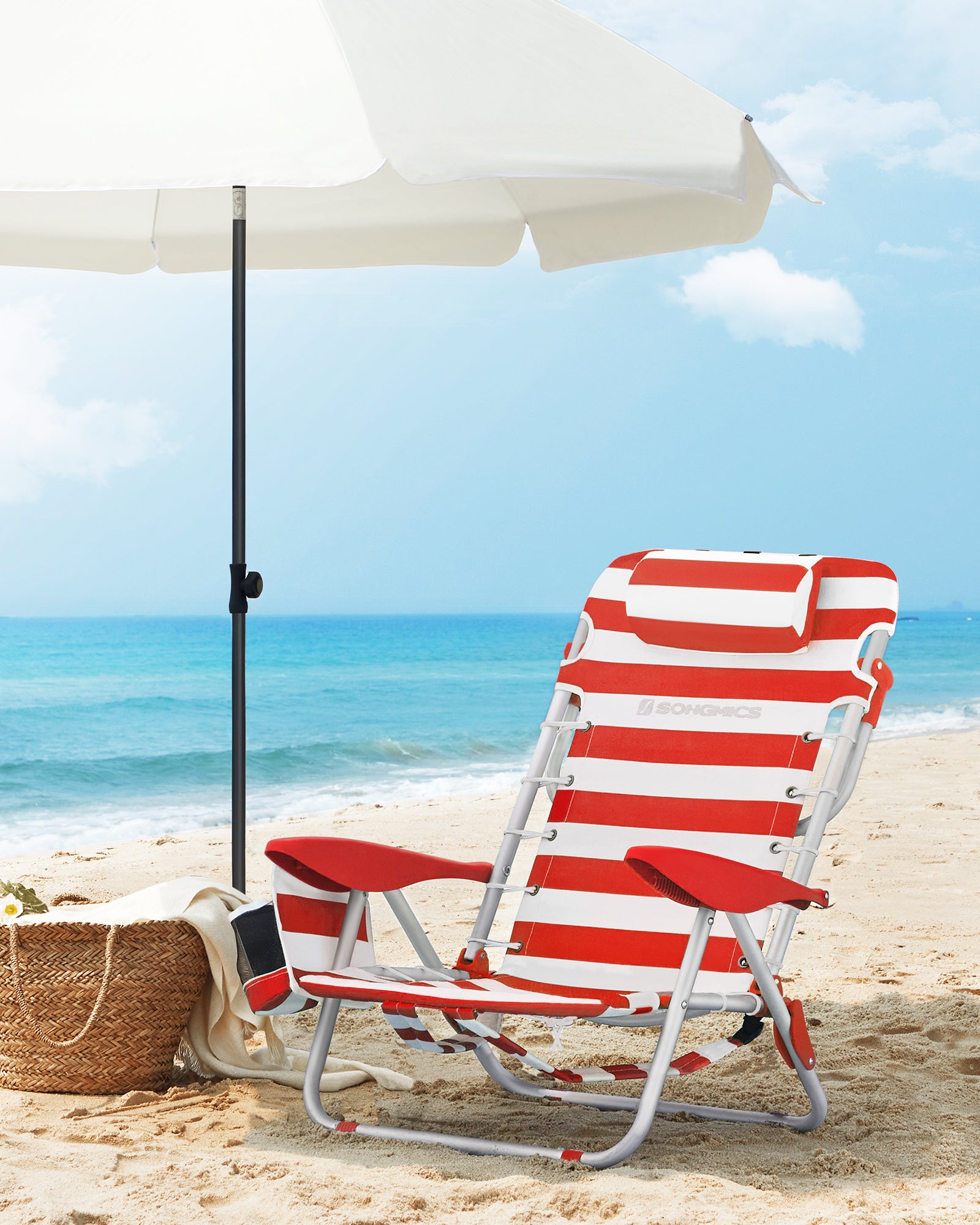Chaise de Plage, Chaise Camping Pliante, avec Bandoulière, Dossier Réglable, Appui-tête, Accoudoir, 2 Pochettes Latérales, Rouge et Blanc - 2
