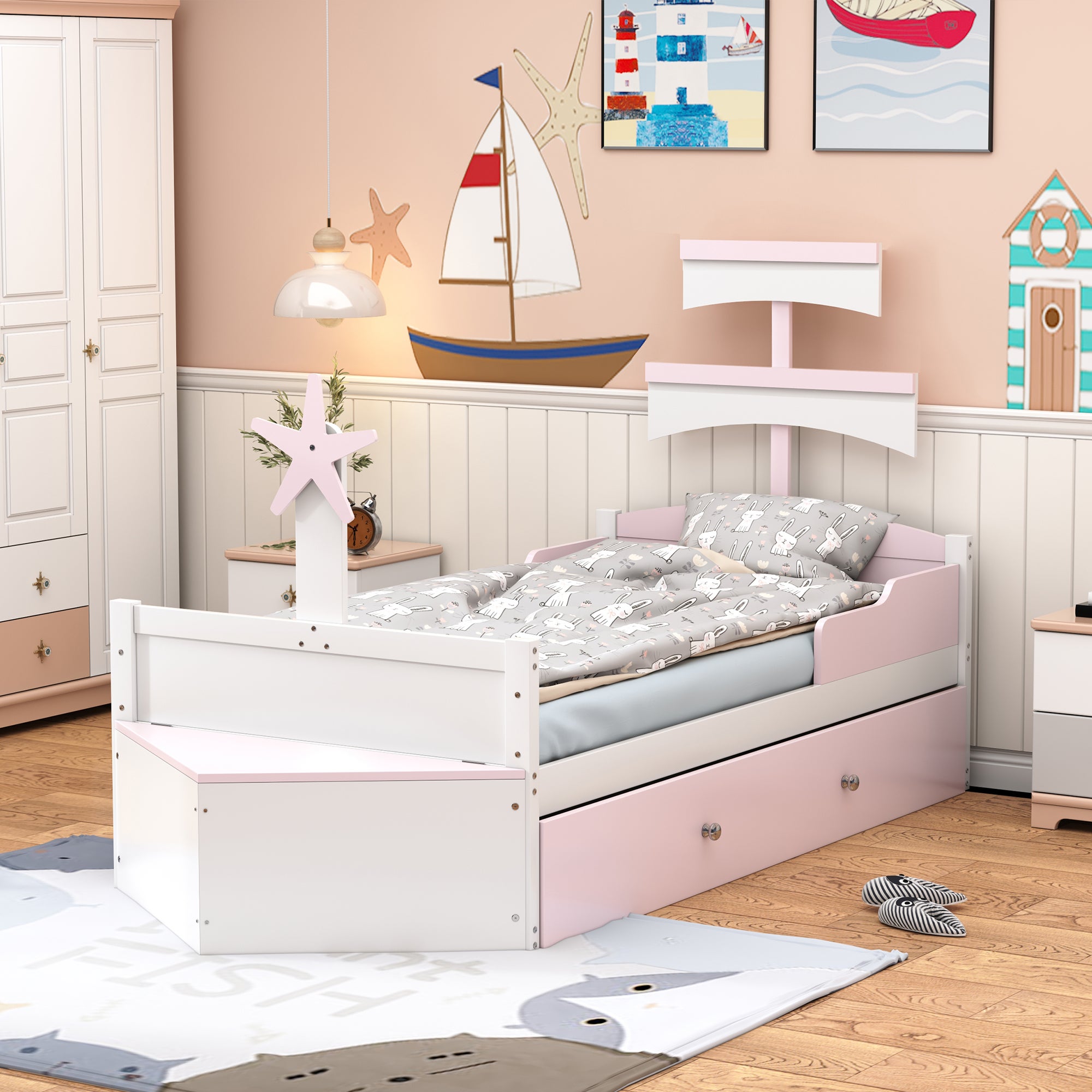 Letto per bambini 90x200cm con letto estraibile design barca legno rosa (Senza materasso) - 9