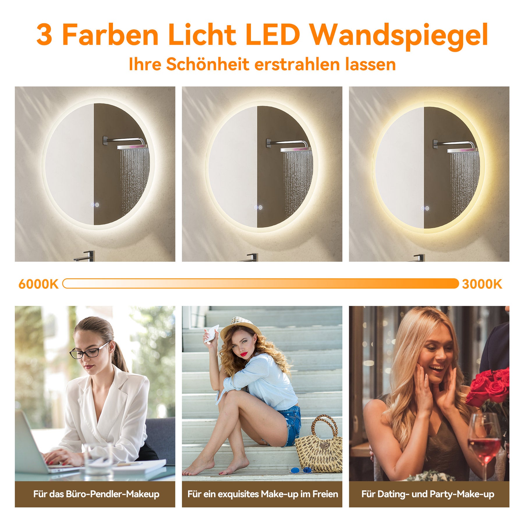 Specchio da bagno a LED 80 cm, rotondo, dimmerabile, 3 luce naturale, antiappannamento, IP44, HOROW - 5