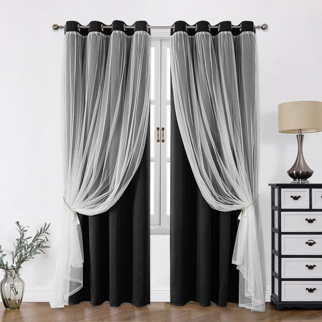 Lot de 2 rideaux occultants noirs à 99 % avec superposition de tulle, rideaux thermiques à double couche, œillets, 150 x 230 cm, facile à installer