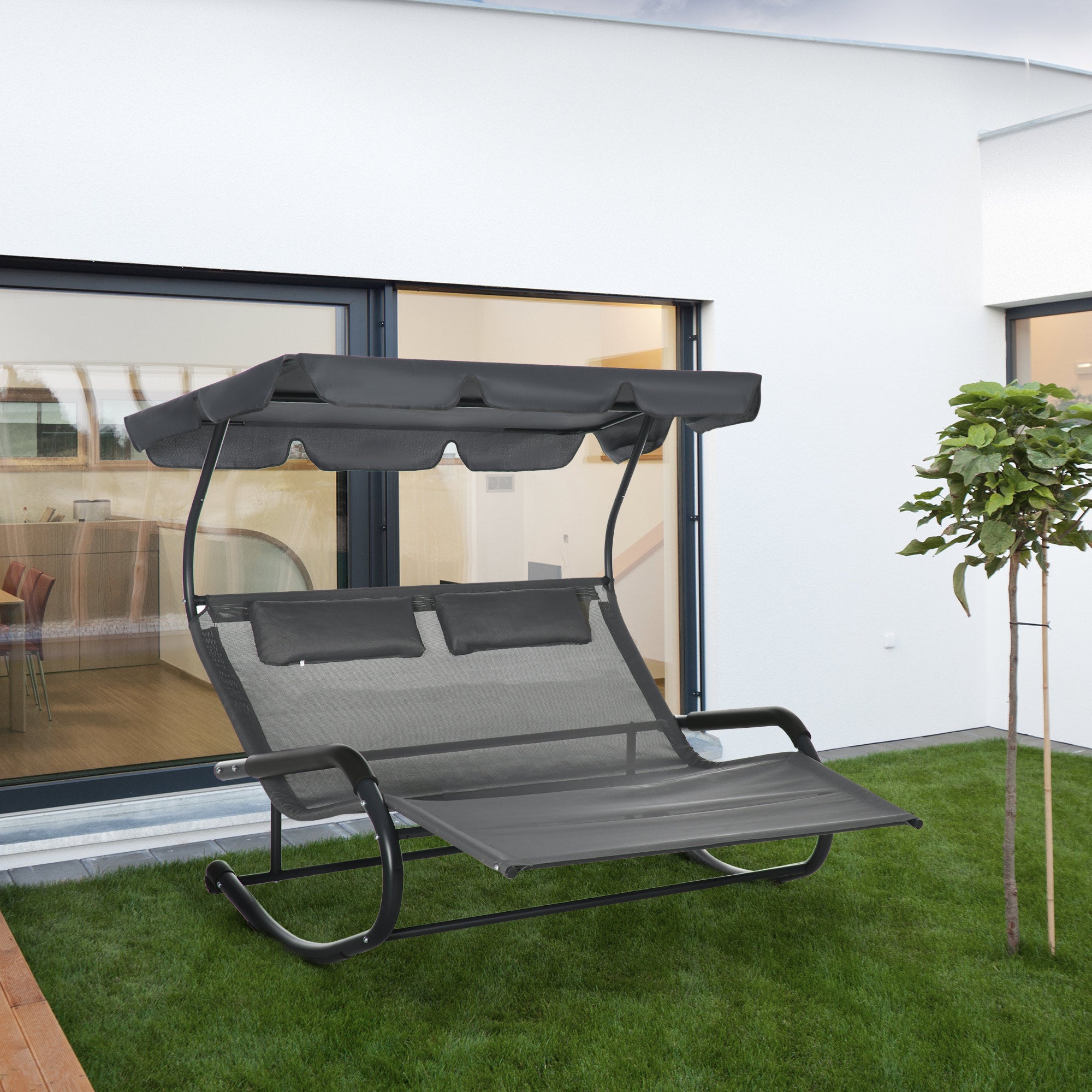 Bain de soleil double pour 2 personnes, avec coussins et auvent, 200 cm x 139 cm x 140 cm, gris foncé - 4