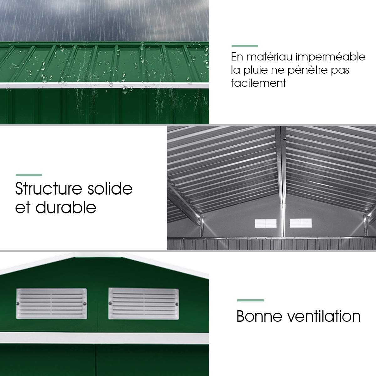 2,37㎡ Abri de Jardin Métal Galvanisé avec Base, 213 x 127 x 185 cm, Cabane de Rangement à Outils avec Portes Coulissantes&Fenêtres, 4,39m³ Vert - 4