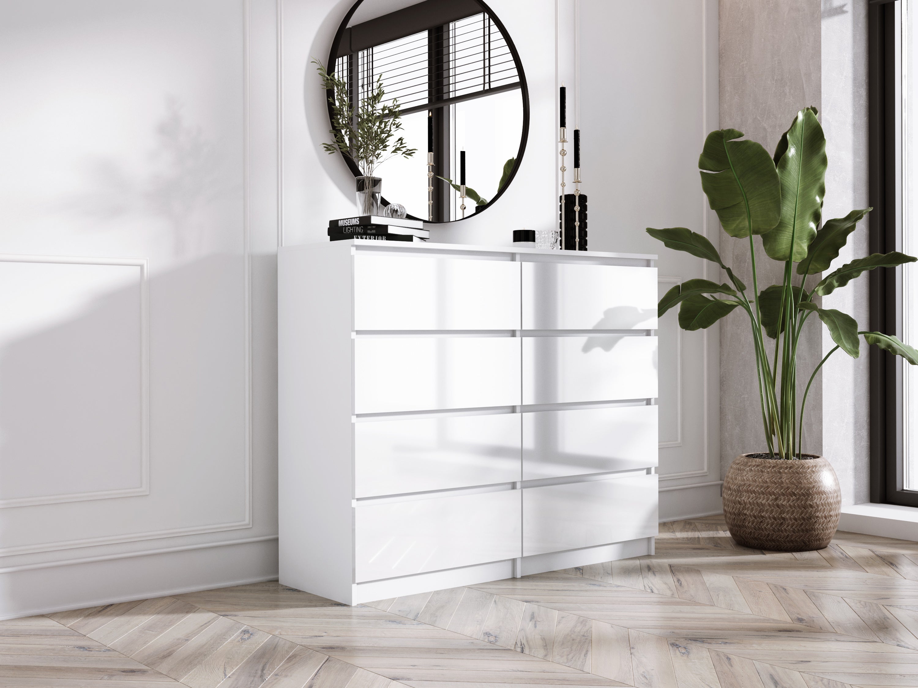 Cassettiera : 8 cassetti, Bianco Opaco / Bianco Lucido, 138 x 101 x 39 cm - 2