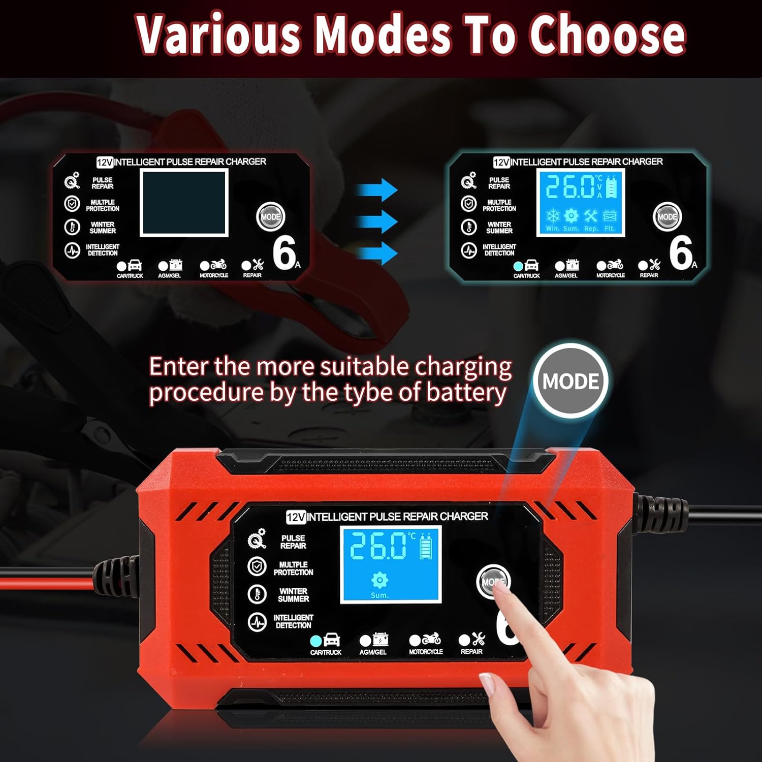 Caricabatterie per auto, caricabatteria intelligente da 12 V 6 A, caricabatteria per moto con display LCD, caricabatteria per auto, moto, camion, AG - 3