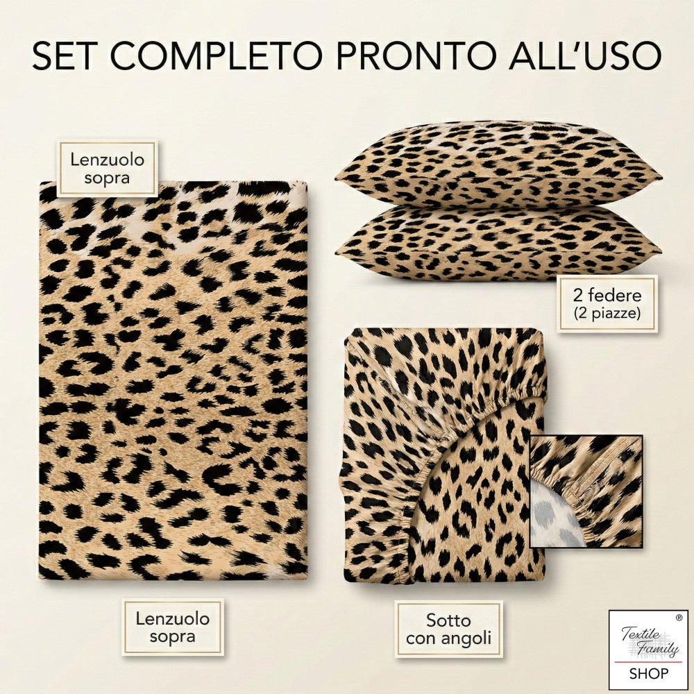 Juego de sábanas Safari Leopard 100% algodón hecho en Italia – abajo con esquinas H 25 cm Dos cuadrados - 4